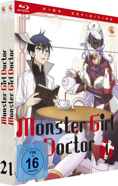 Anime-Box-Art: 'Monster Girl Doctor' mit zwei Anime-Charakteren an einem Tisch. Einer gießt Tee ein. Blu-ray Disc-Label sichtbar.