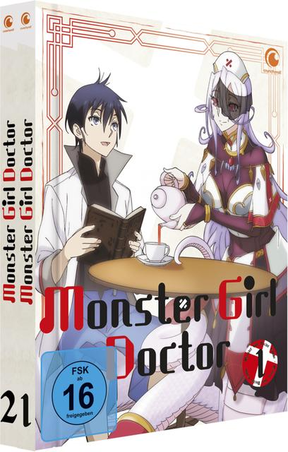 Anime-Cover von 'Monster Girl Doctor'. Zwei Charaktere sitzen an einem Tisch. Einer liest ein Buch, der andere gießt Tee ein.