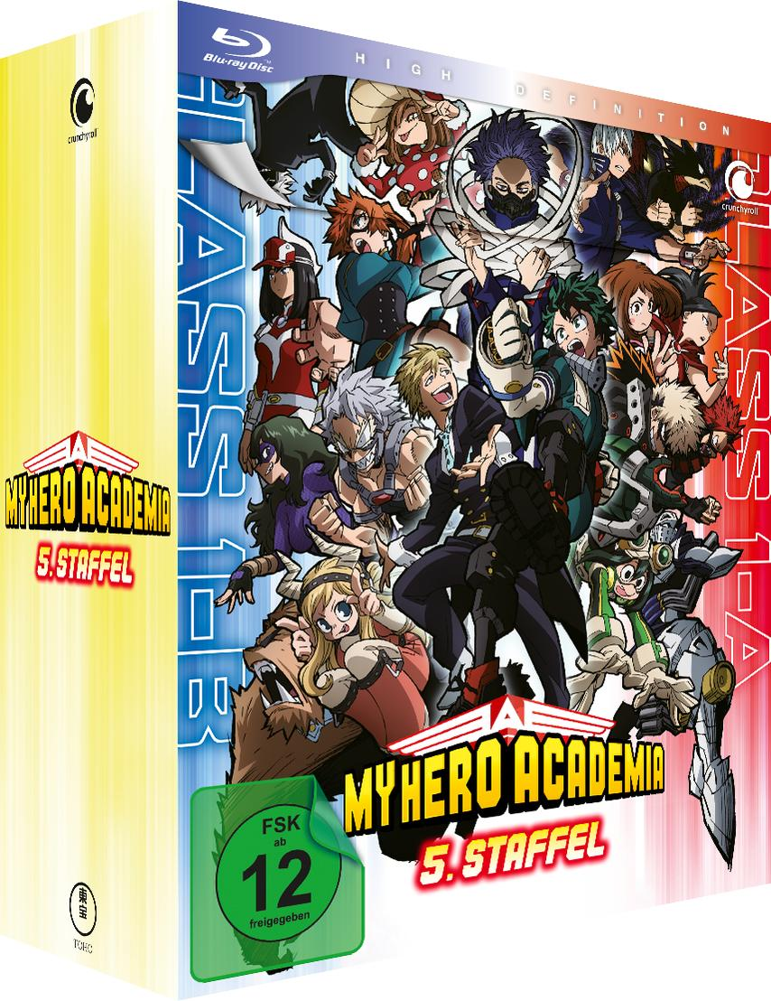 Blu-ray-Box-Art für My Hero Academia mit Charakteren und dem Serientitel. Die Box ist gelb, blau und rot mit deutschem Text.