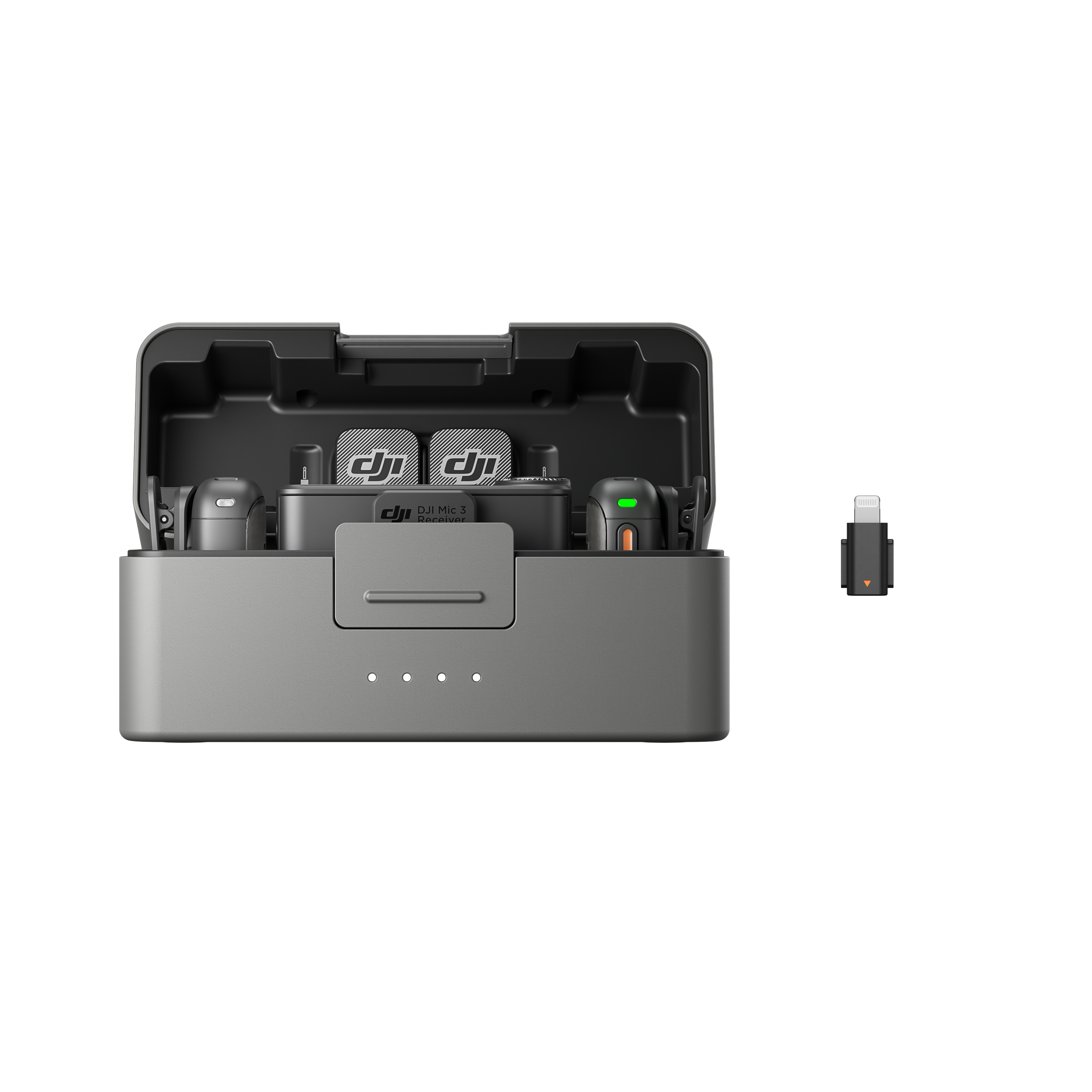 DJI Mic 3-Ladecase mit Mikros, Empfänger und separatem Mikrofon. Graues Gehäuse mit grünen und weißen Lichtern.