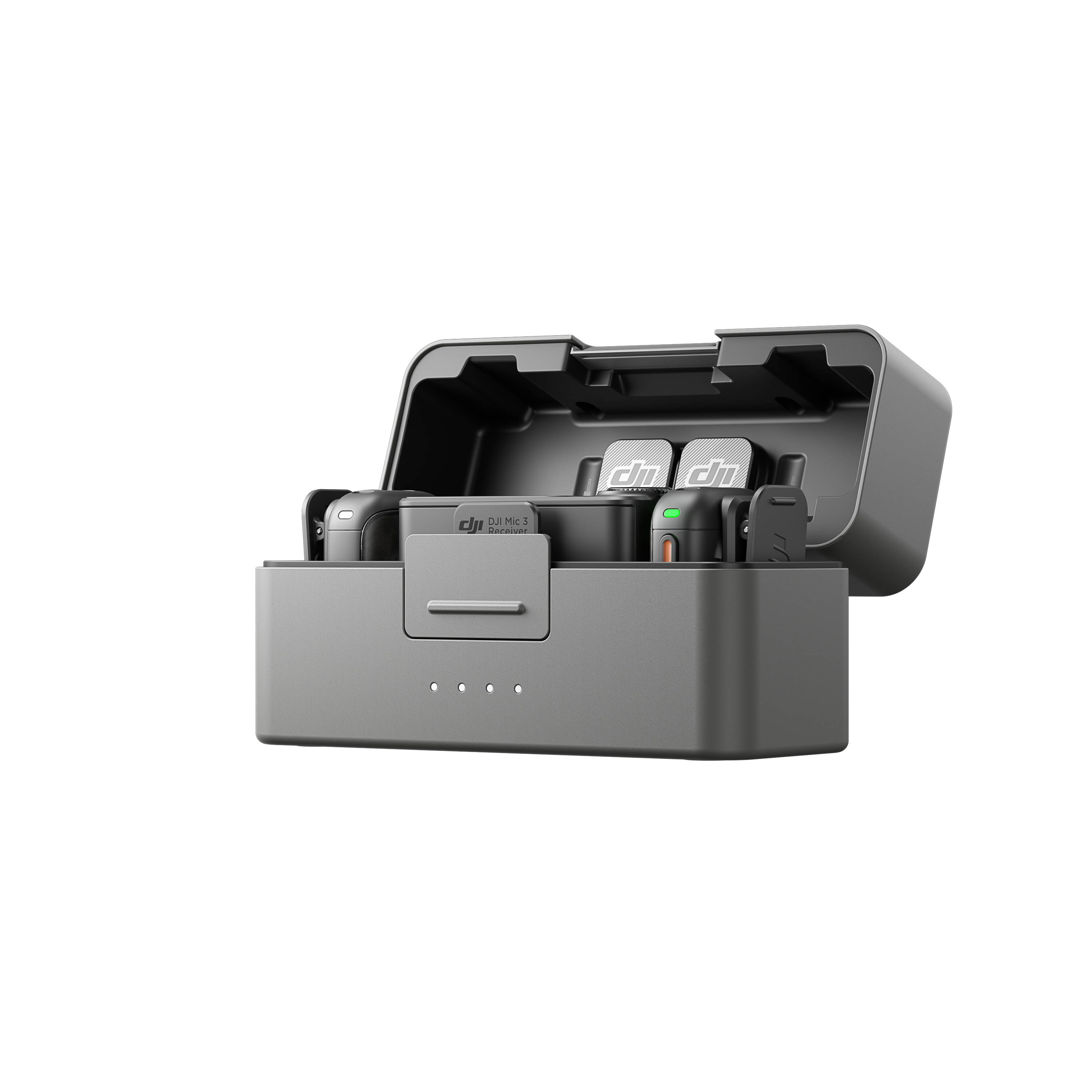 Geöffnete DJI Mic 3 Ladehülle mit Mikrofonen und Empfänger. Graues Gehäuse mit schwarzem Innenraum, Mikrofone und Empfänger sind schwarz und grau.