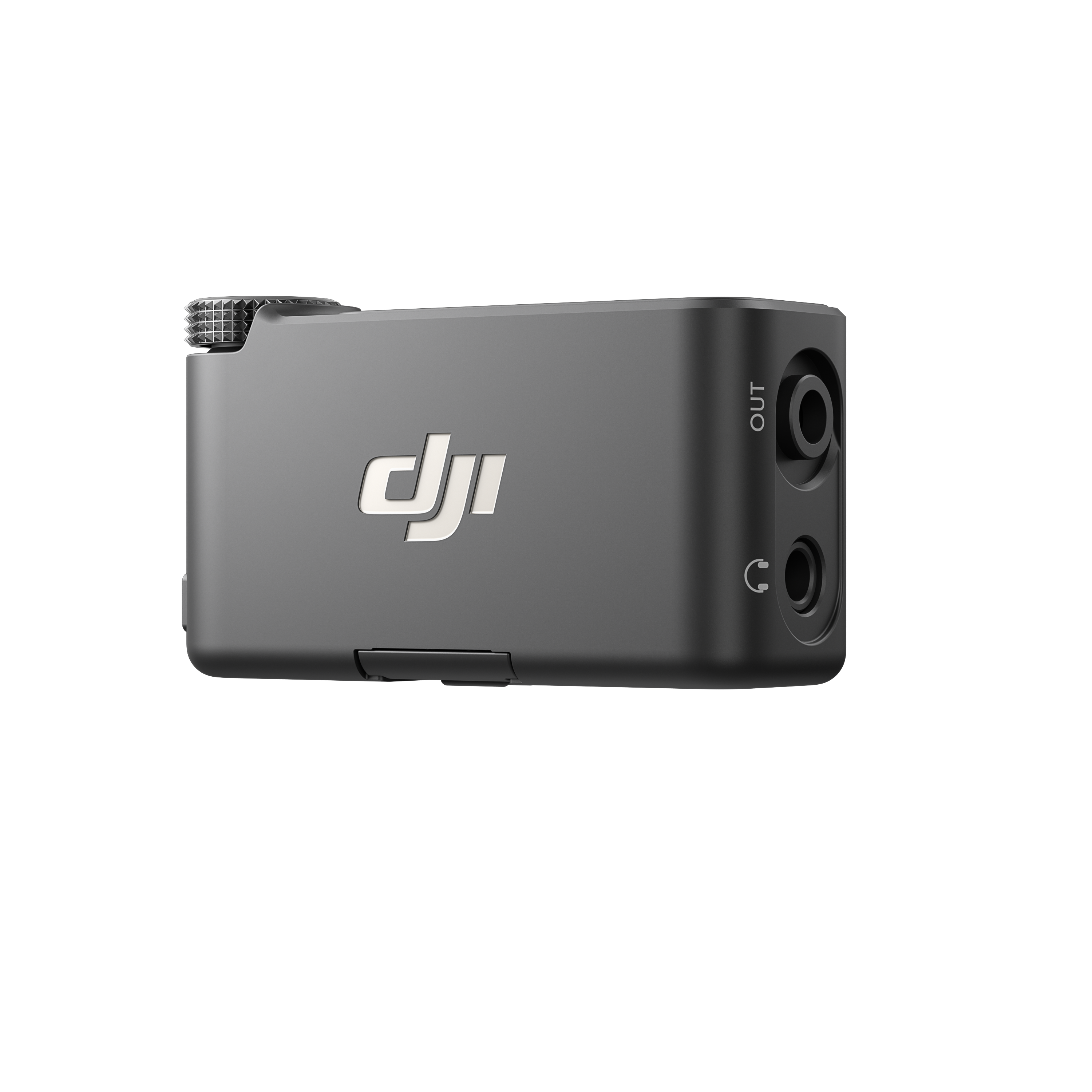 Ein graues DJI-Audiogerät. Es hat das DJI-Logo, einen 'OUT'-Anschluss und eine 3,5-mm-Kopfhörerbuchse. Die Oberseite hat ein strukturiertes Rad.