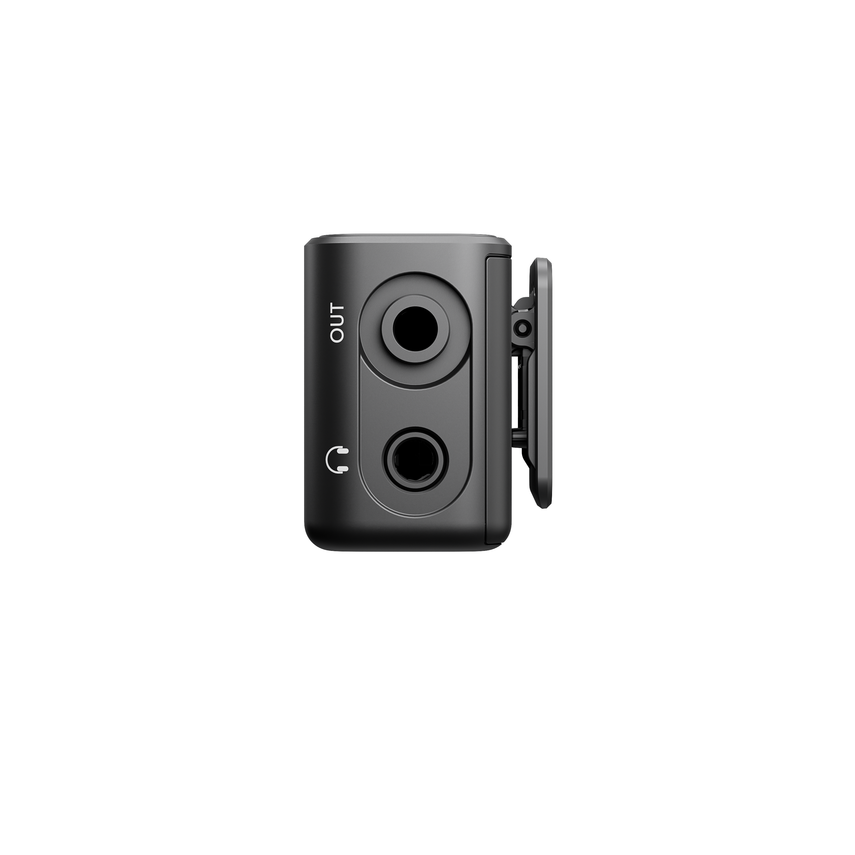 Schwarzer Audioadapter mit zwei Eingängen, einem Kopfhöreranschluss und einem Clip an der Seite. Das Wort OUT ist gedruckt.