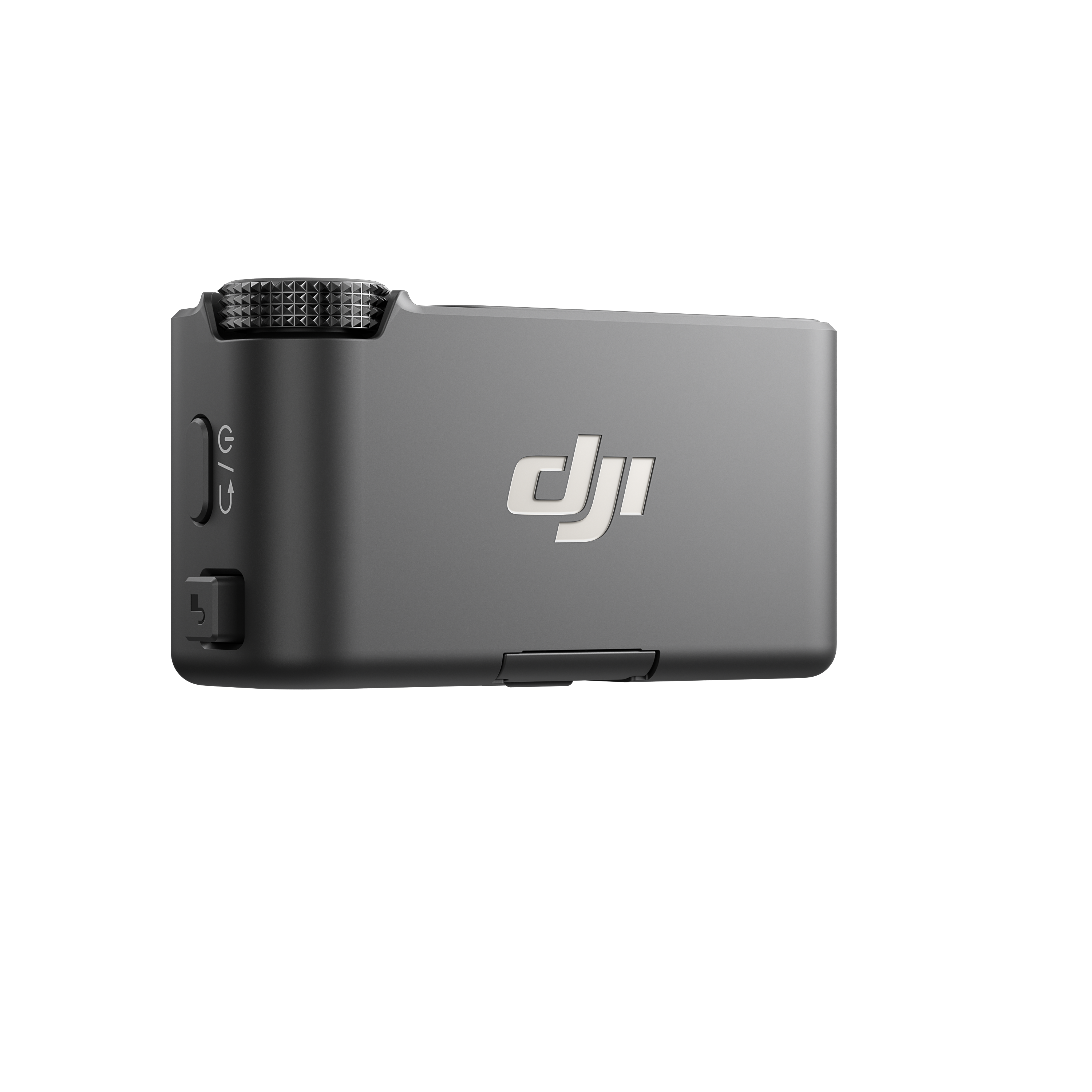 Ein graues DJI-Mikrofon. Es hat ein strukturiertes Rad, Strom- und Ladeanschlüsse sowie das DJI-Logo. Der Hintergrund ist weiß.