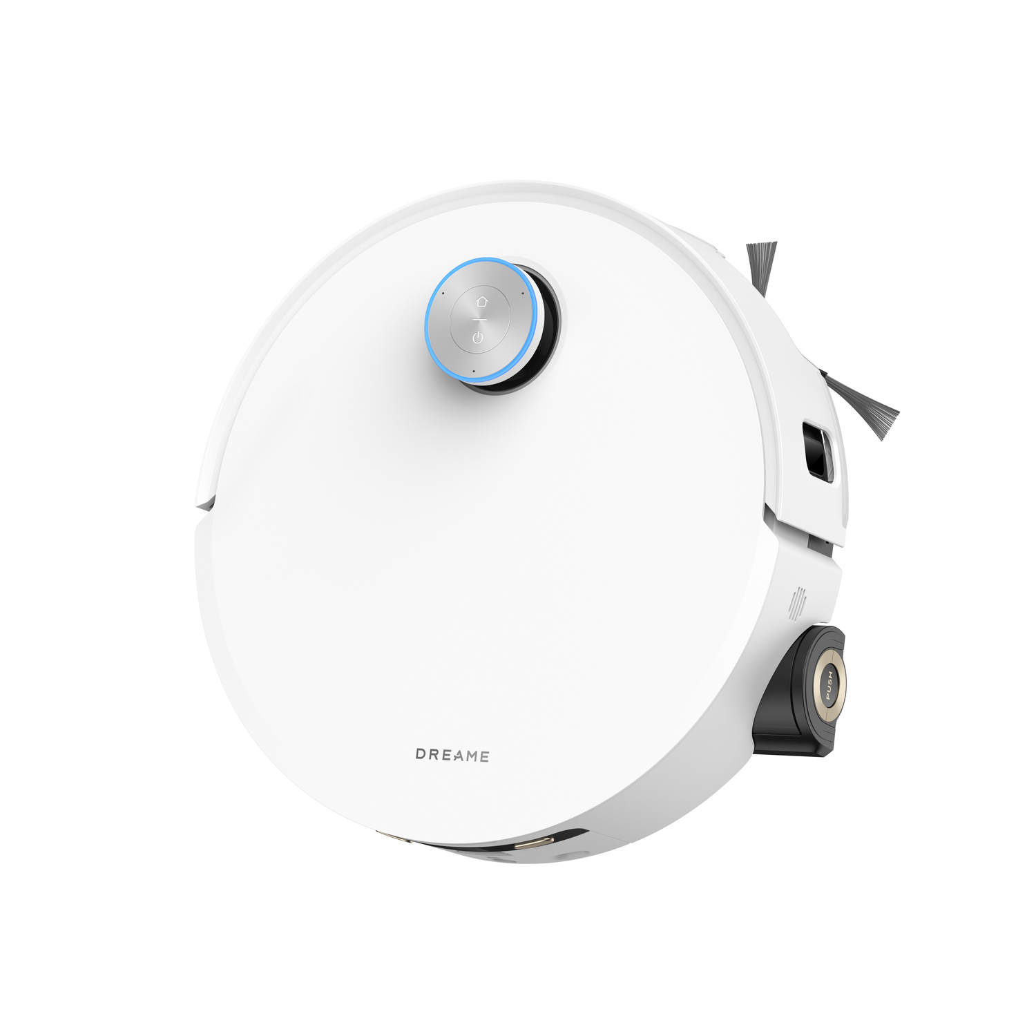 Een witte Dreame robotstofzuiger. Het heeft een rond ontwerp met een centrale knop en zijborstels. Het woord Dreame is zichtbaar.