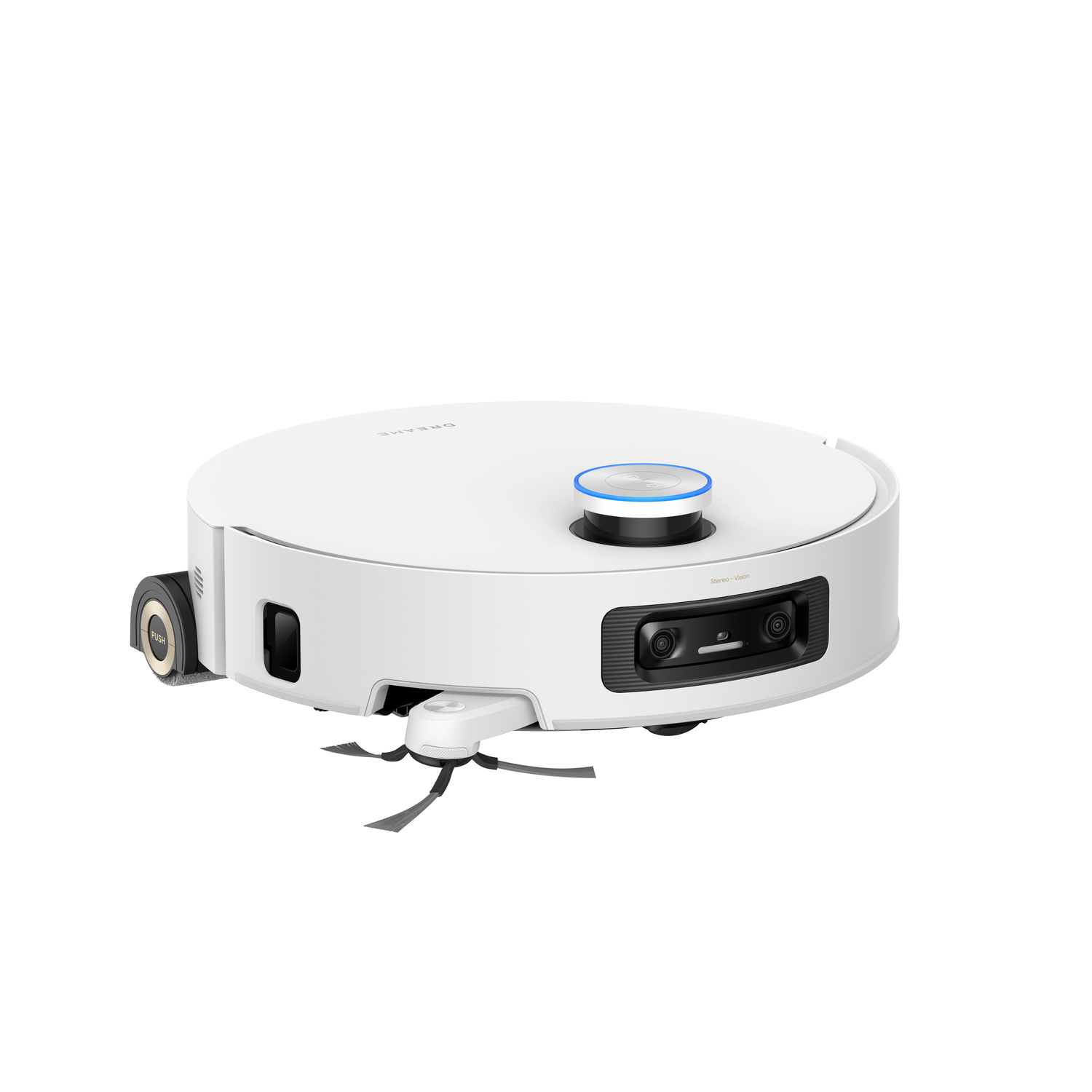 Een witte robotstofzuiger met een ronde vorm. Hij heeft een blauwe ring bovenop en een sensor aan de voorkant. Borstels zijn zichtbaar.