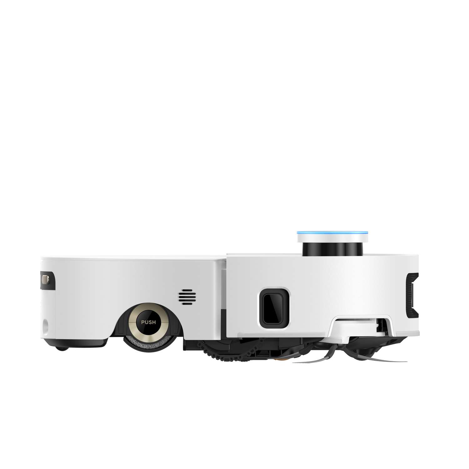 Een witte robotstofzuiger met een zwart en gouden wiel. Hij heeft een blauw licht en een zwarte sensor.