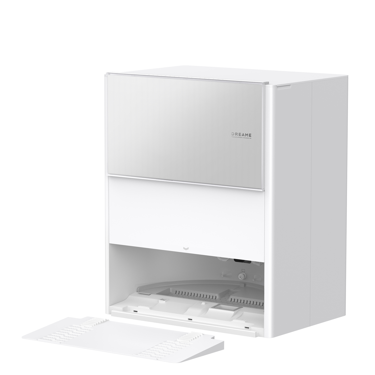 Een wit Dreame robotstofzuiger basisstation met een open compartiment. Het basisstation heeft een uitneembare reinigingslade.