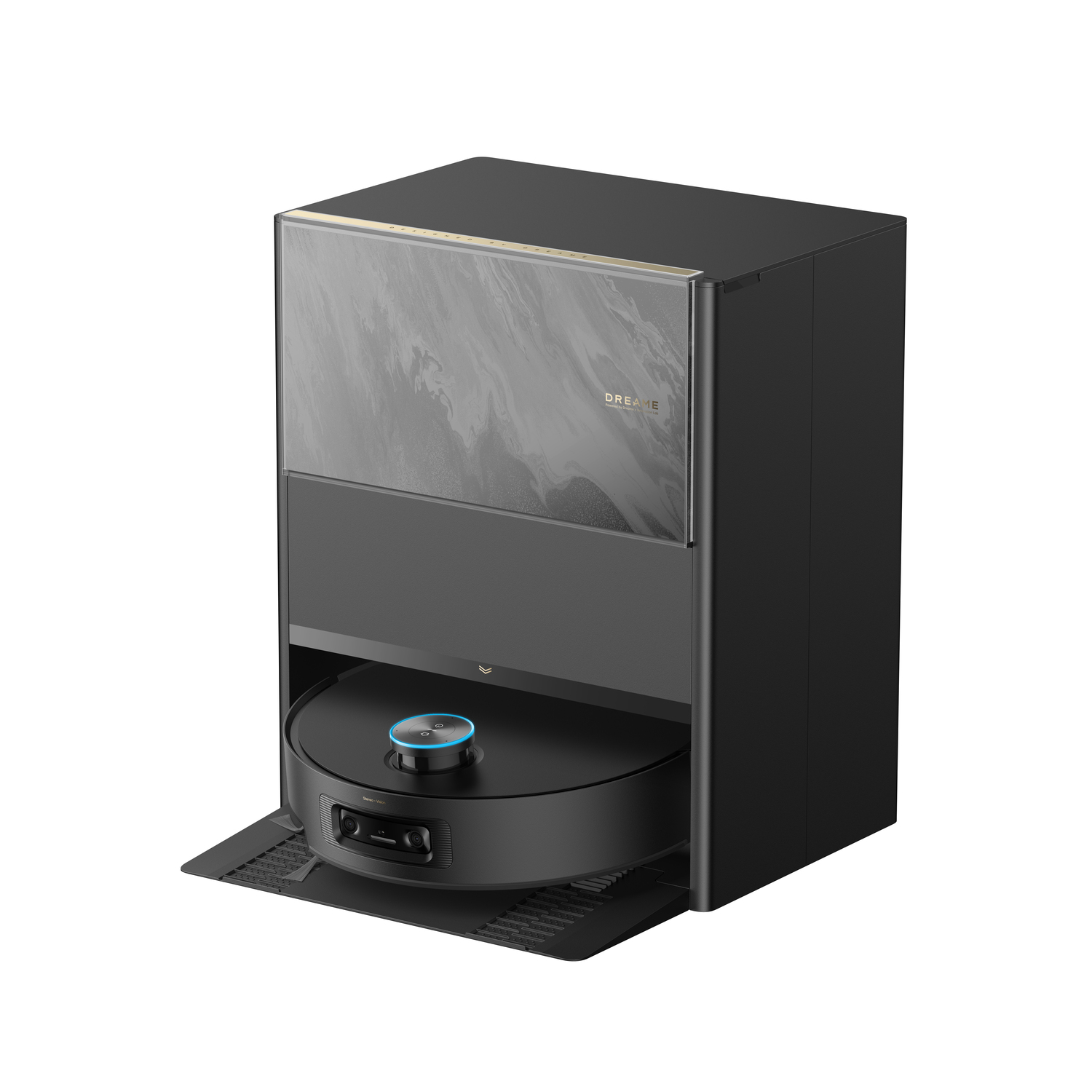 A black robotic vacuum cleaner sits in its charging station. The station is black with a marbled front panel and a gold trim.