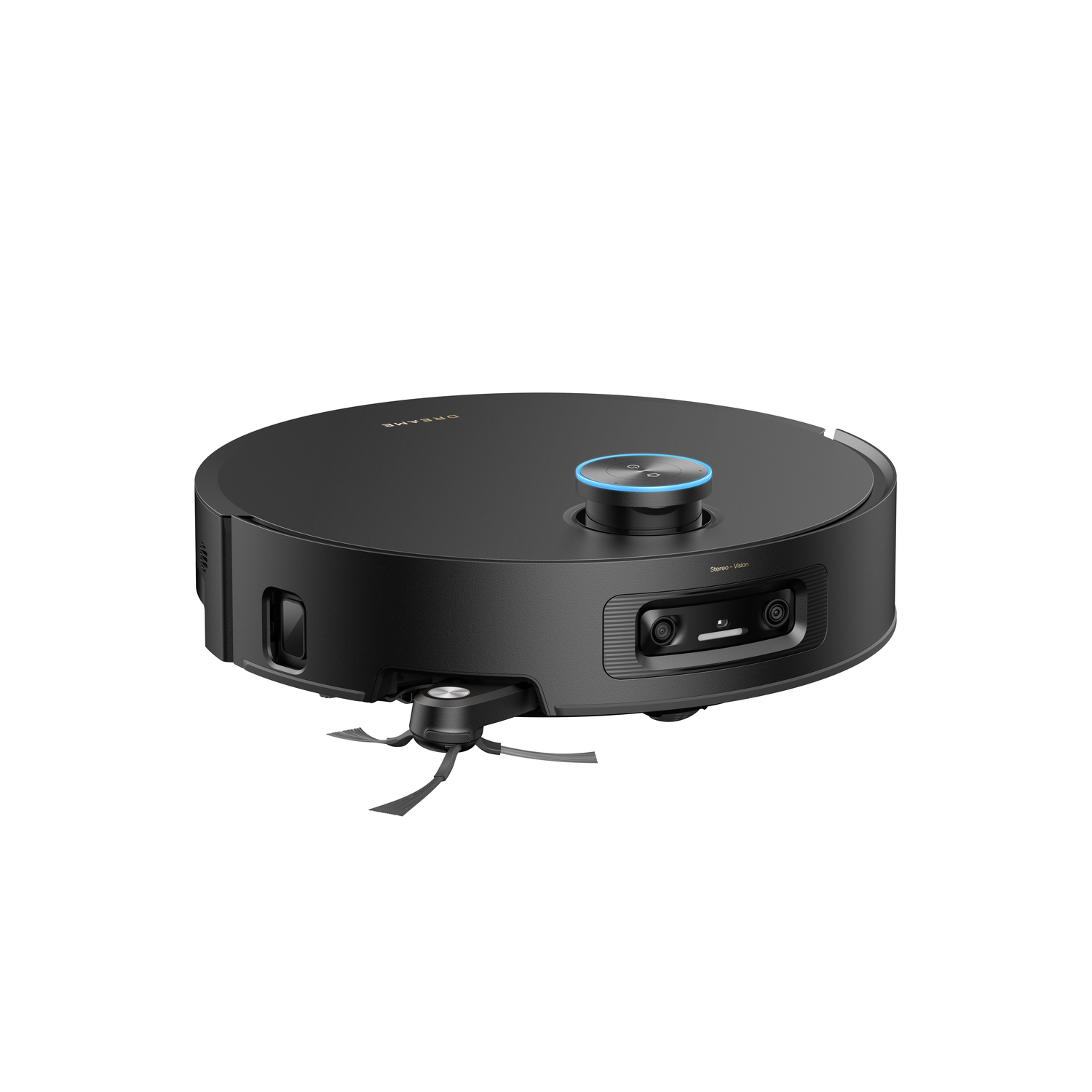 A black robot vacuum cleaner with a round shape, with a blue button on top and brushes at the bottom.