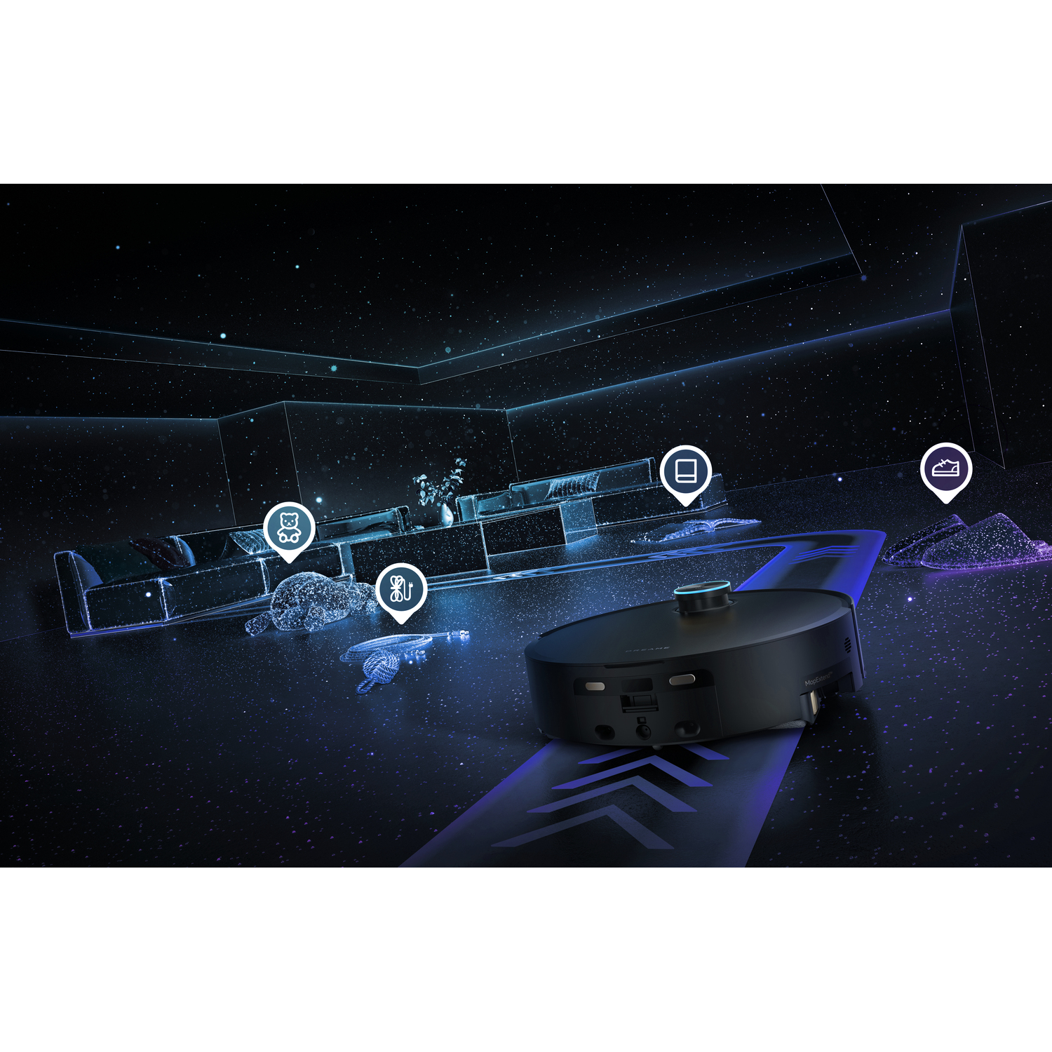 A black robot vacuum cleaner moves on a blue path. The background shows a sofa, shoes, and other objects in a digital outline.