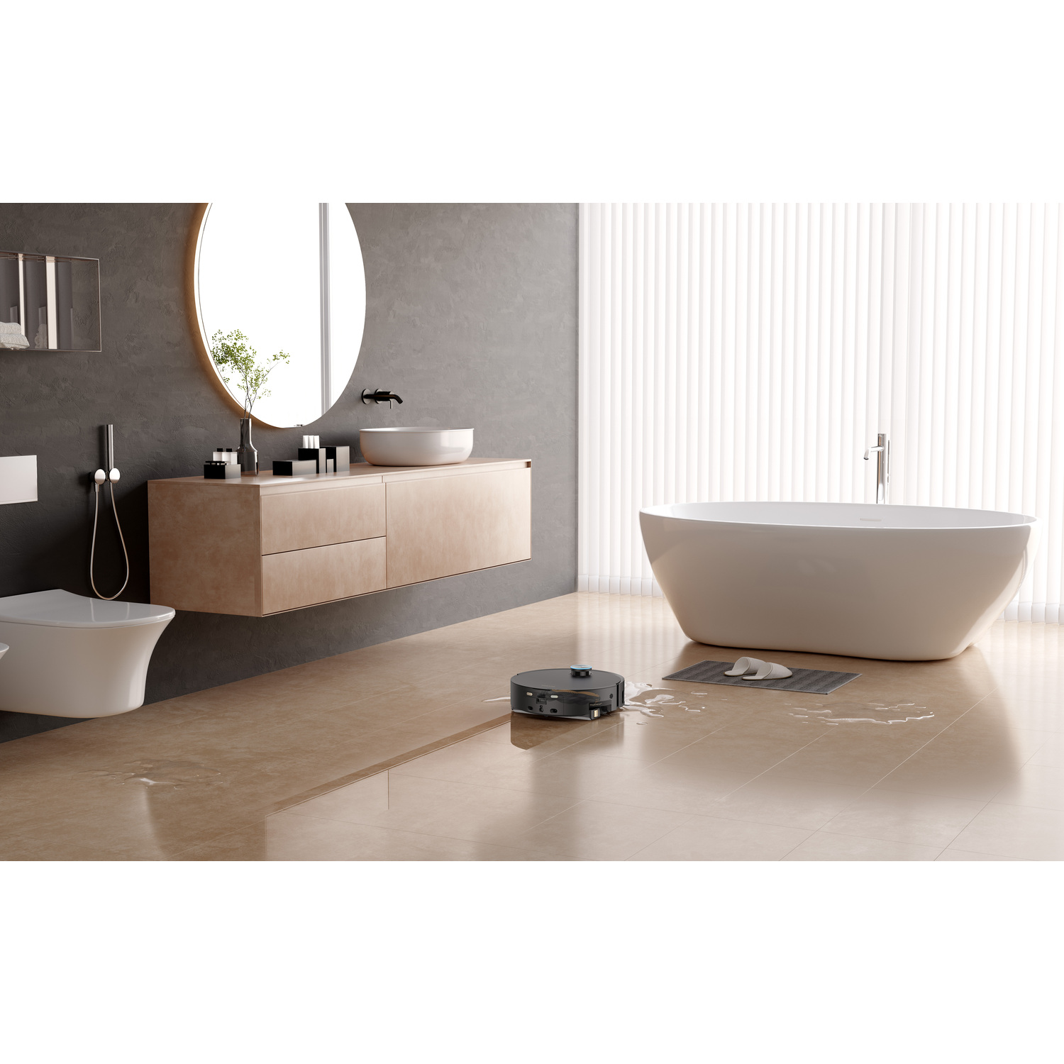 Bathroom scene with a robot vacuum cleaning water spills. Features a tub, vanity, toilet, and window blinds. Beige tiled floor.
