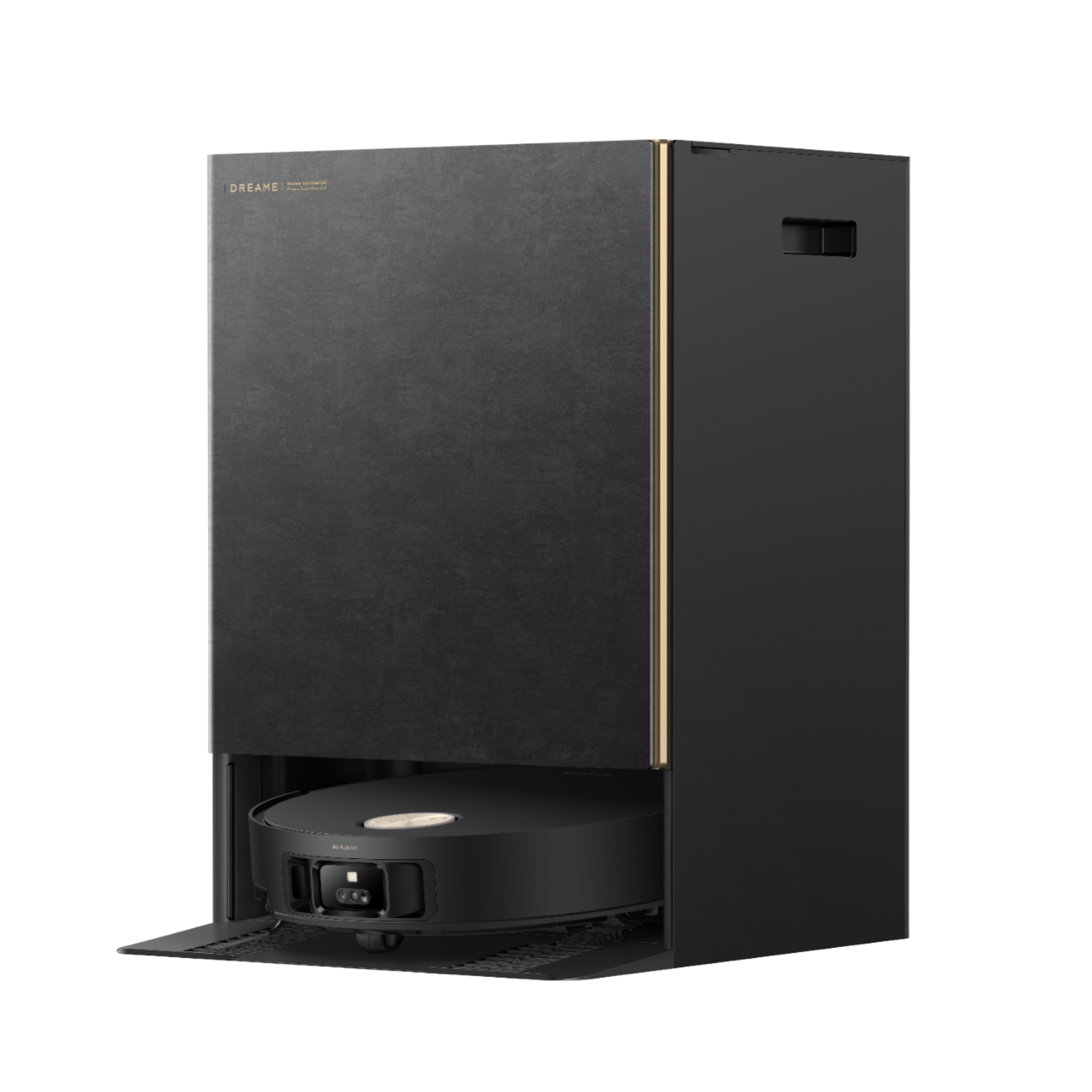 Een zwarte robotstofzuiger is gedokt in een zwart oplaadstation. Het station heeft een gouden accent en een handvat.