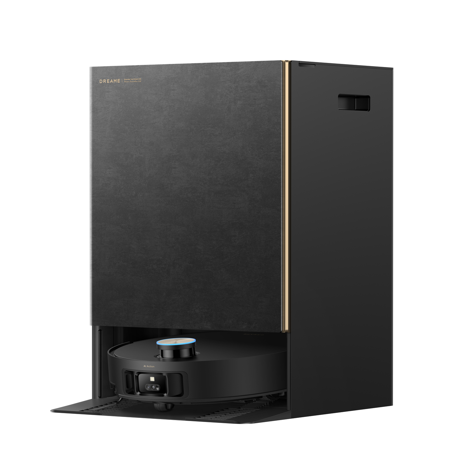A black Dreame robot vacuum cleaner and charging station. The station is tall, with a gold trim. The vacuum is at the base of the station.