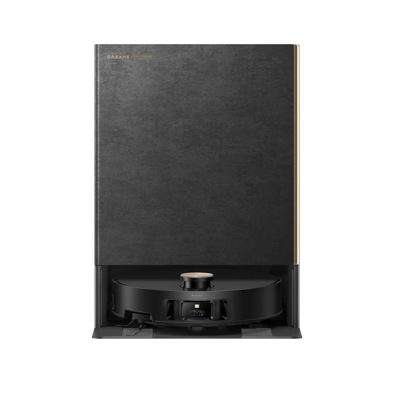 A black Dreame robot vacuum cleaner with a charging station. The station is tall and has a black textured front. The vacuum is round.
