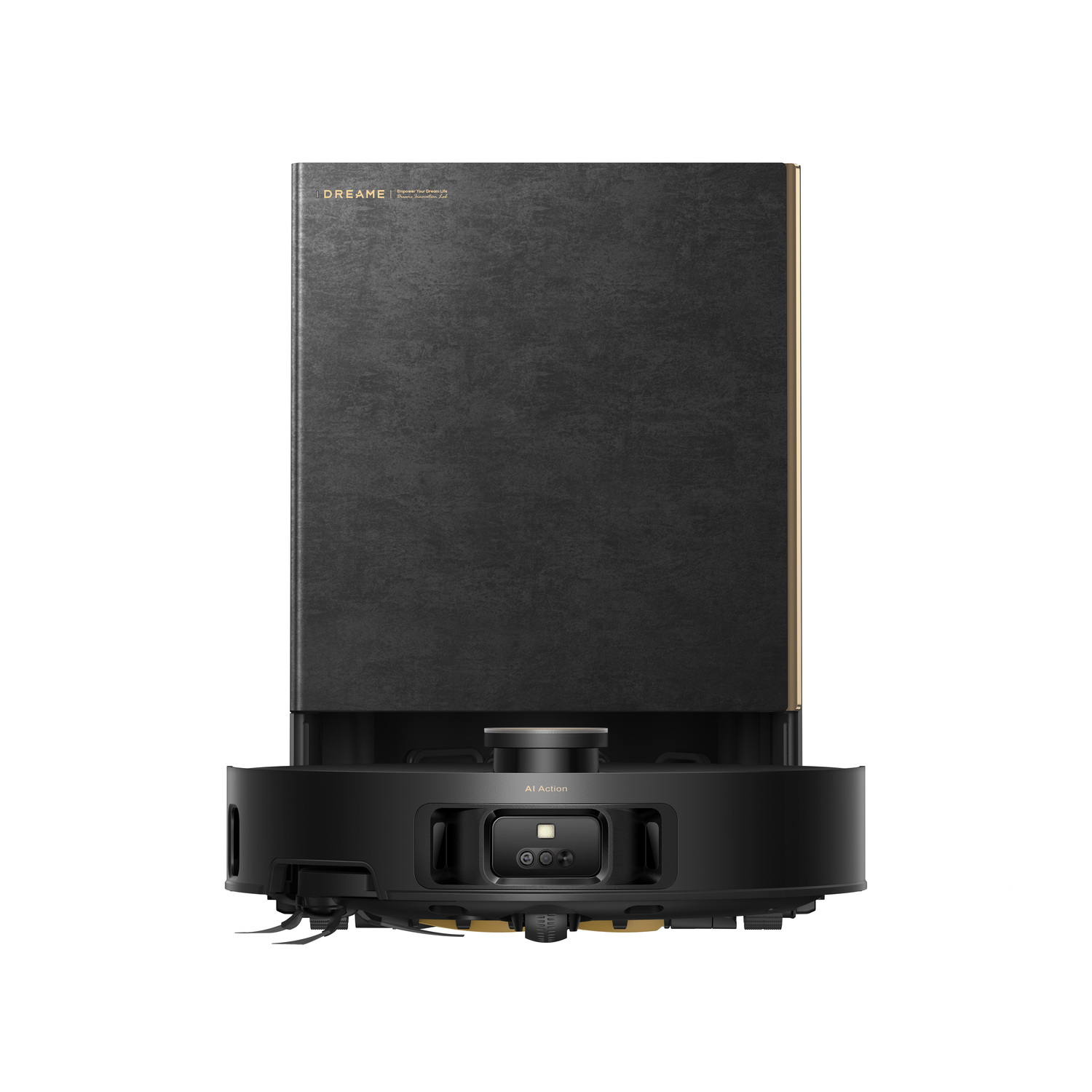A black and gold robotic vacuum cleaner. It has a rectangular top section with the Dreame logo and a circular base.