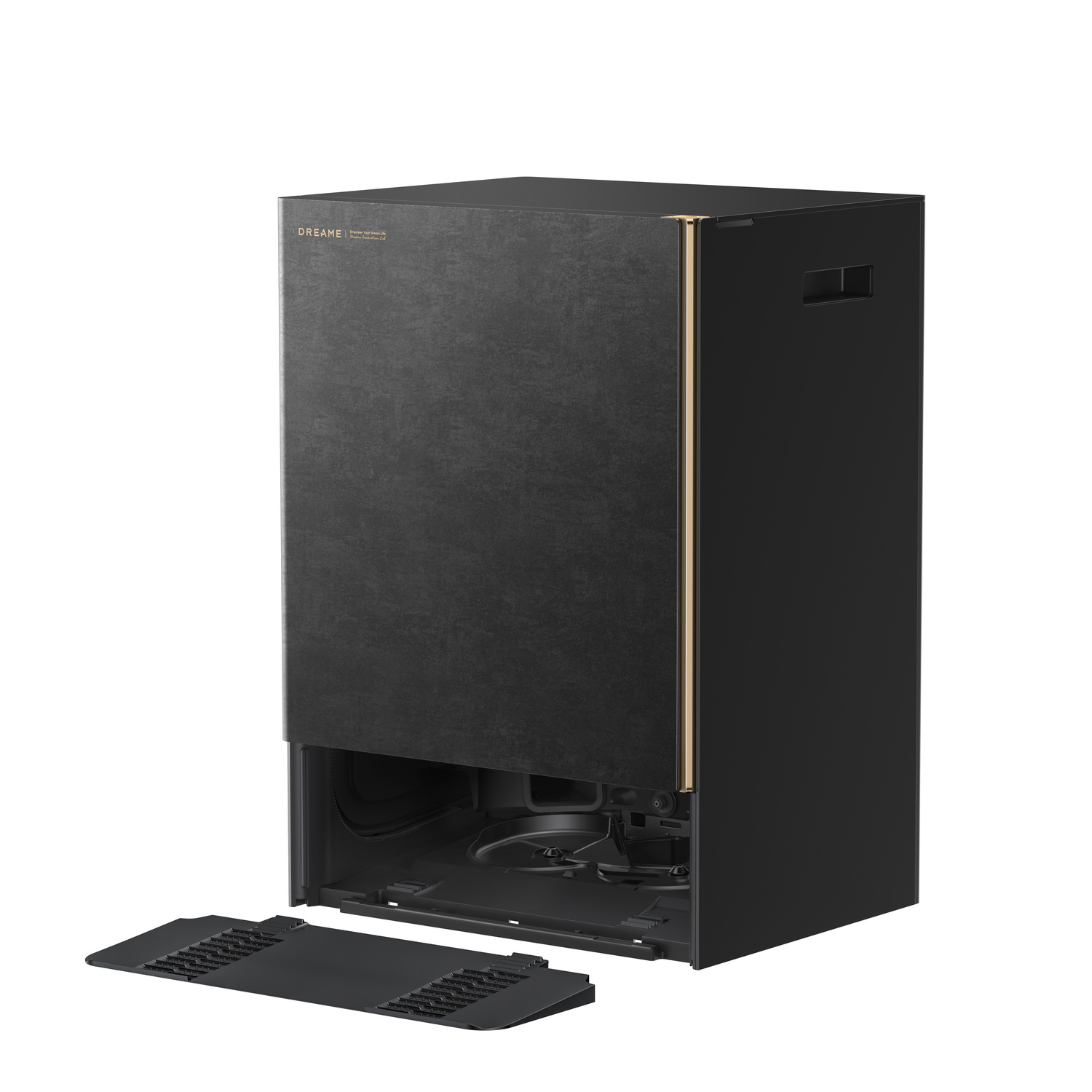 A black Dreame appliance with a gold trim. A black panel is open at the bottom, revealing internal components. The device is on a white background.