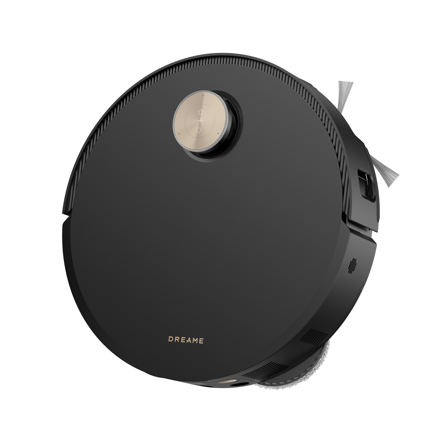A black Dreame robot vacuum cleaner on a white background. It has a gold button and a side brush. The brand name is visible.