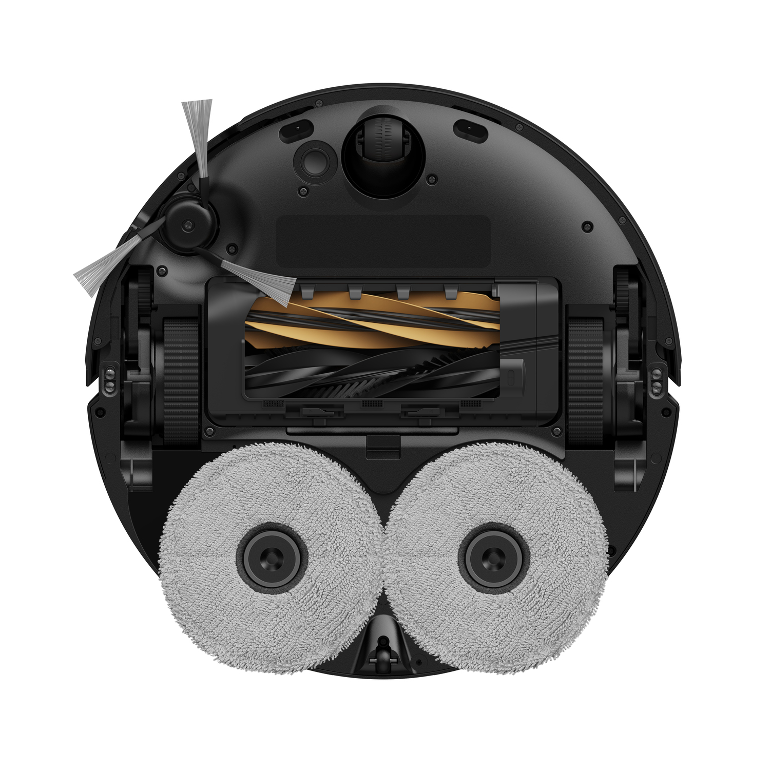 A black robot vacuum cleaner, bottom view. It has two gray cleaning pads, brushes, and a central section with gold-colored elements.