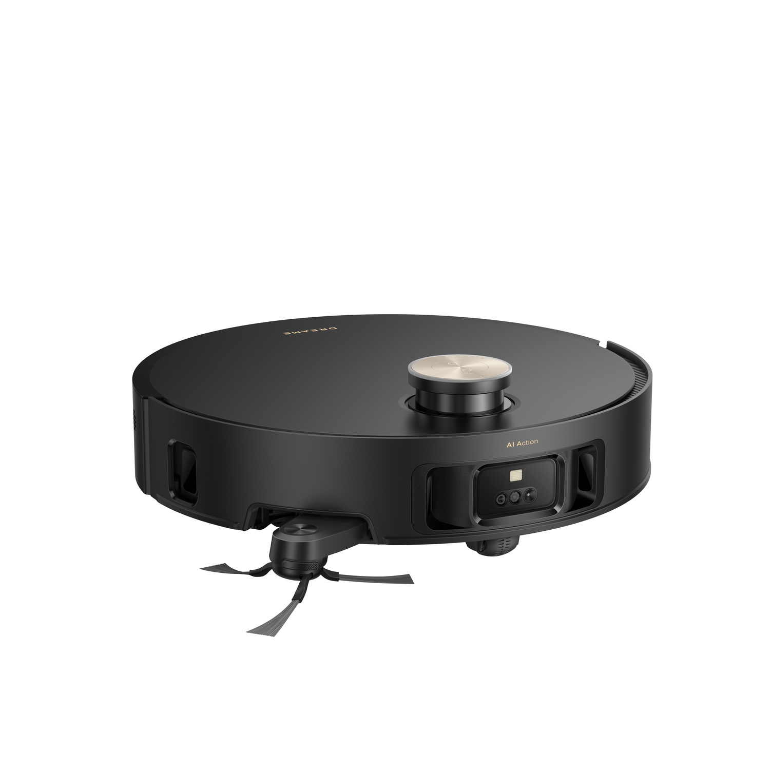 A black and silver robotic vacuum cleaner. It has a round body with cleaning brushes and a central tower. The brand name is visible.