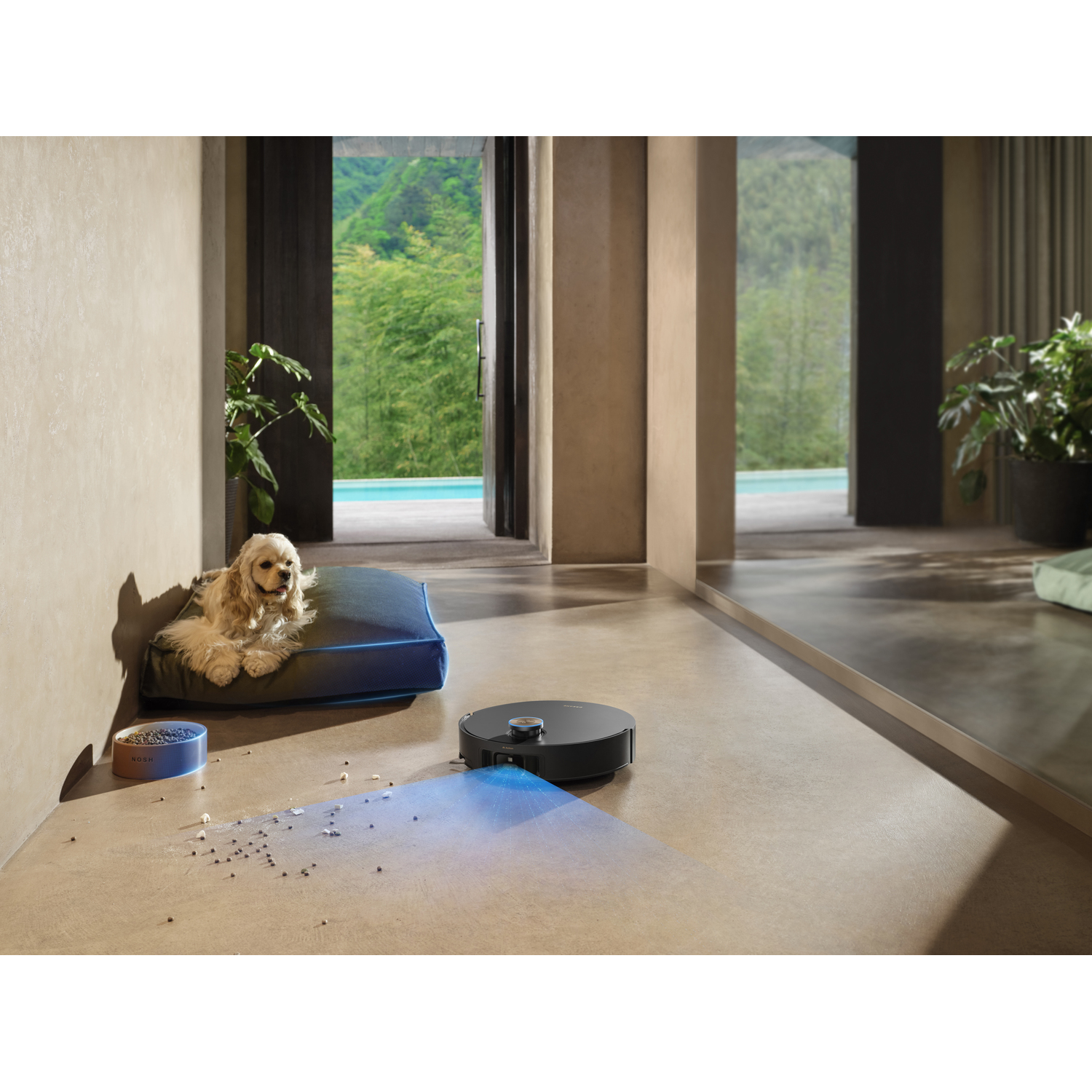 A dog rests on a bed, a robot vacuum cleans the floor. A bowl with food is visible. Background: door to a green landscape.