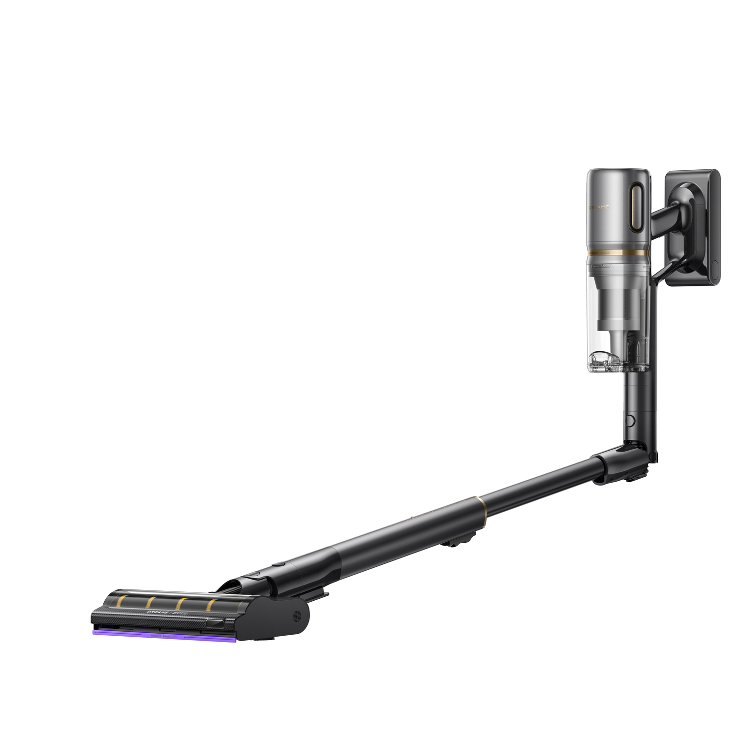 A cordless vacuum cleaner is mounted on a wall holder. It's black and silver with a long extension and a brush head.