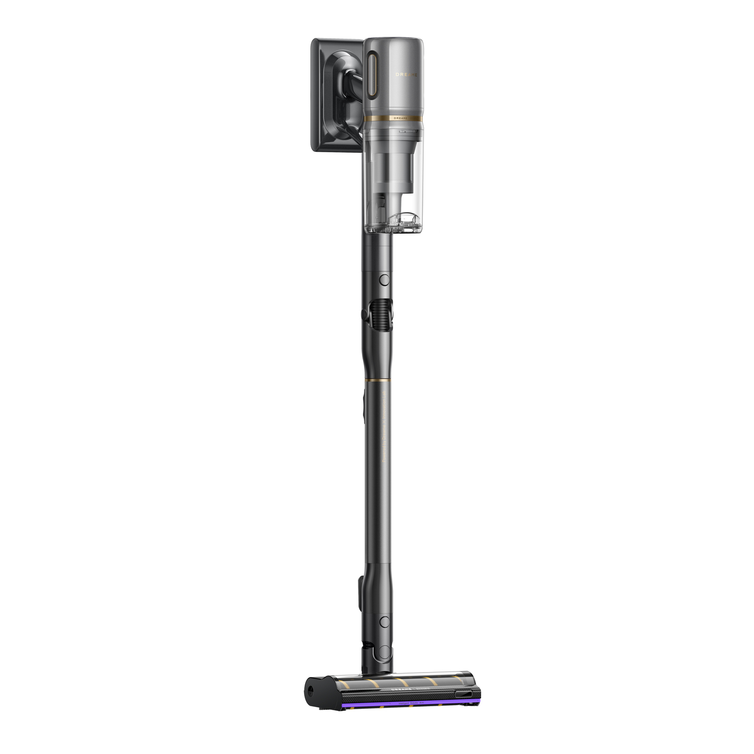 A cordless vacuum cleaner is on a white background. It is dark gray with gold accents. The head is rectangular.