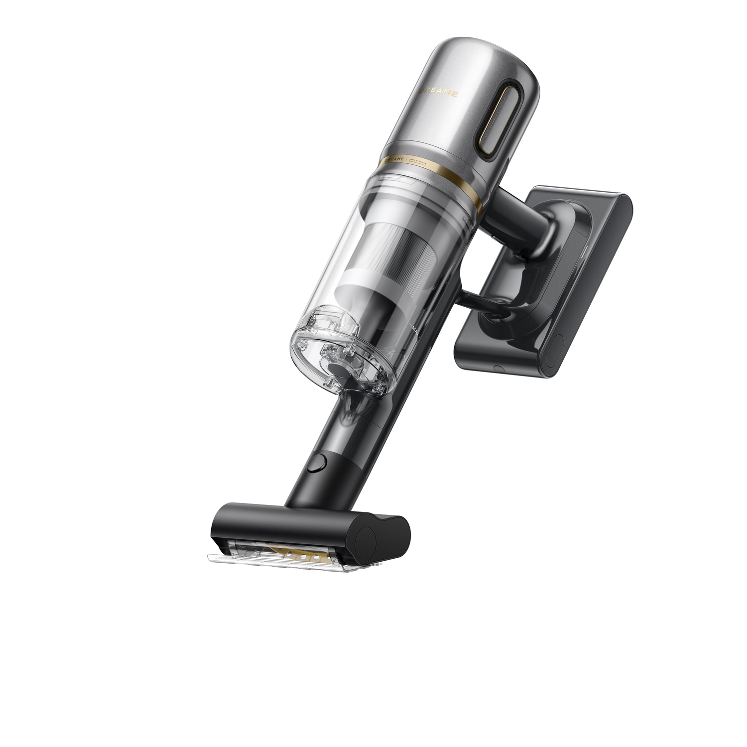A cordless vacuum cleaner in silver, black, and transparent plastic. It is angled and isolated on a white background.