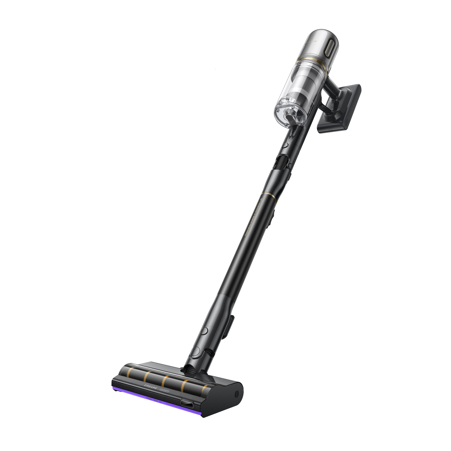 A black and silver cordless vacuum cleaner on a white background. It has a long handle and a brush head.