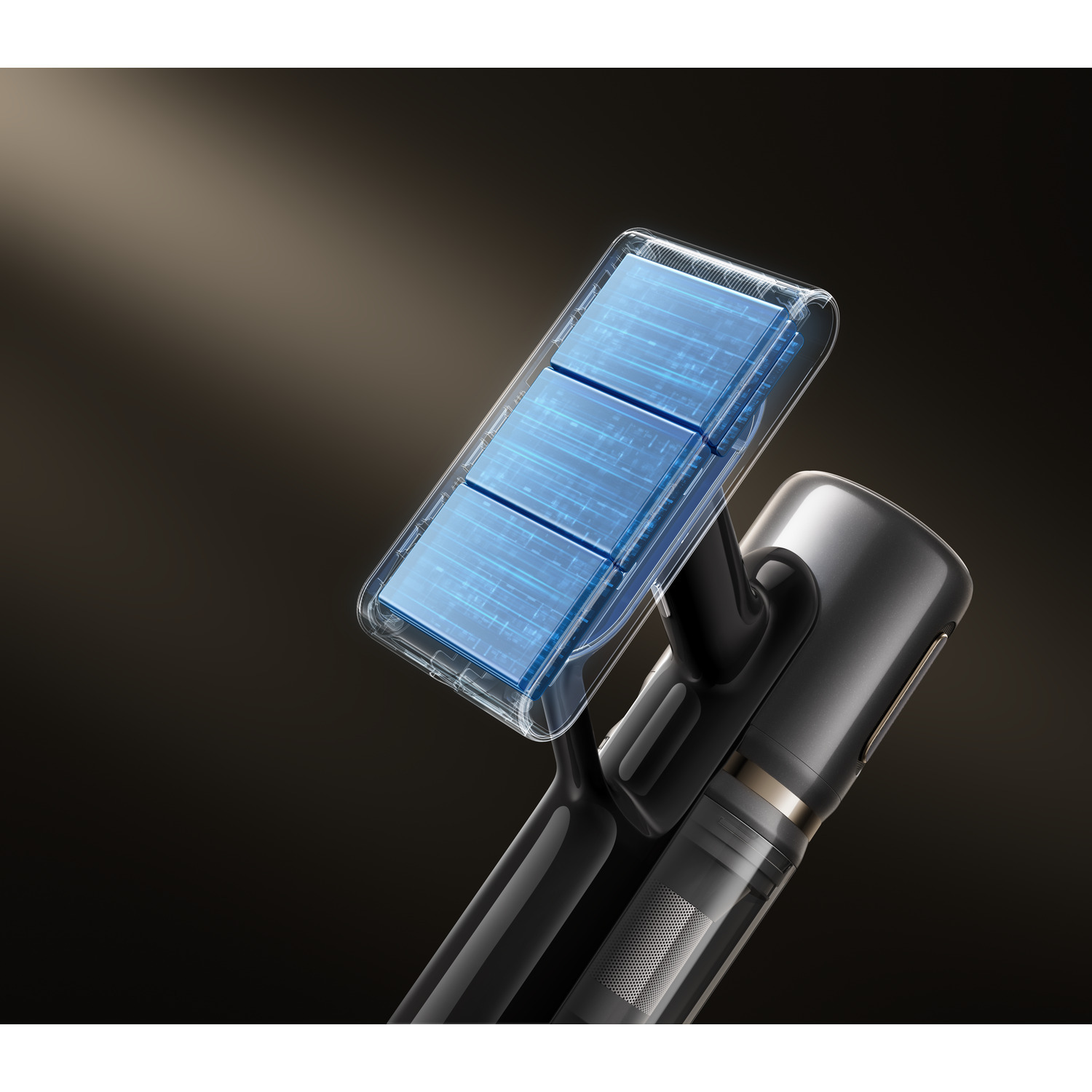 A black and silver vacuum cleaner. A rectangular blue-lit section with lines is on the top. The background is dark.