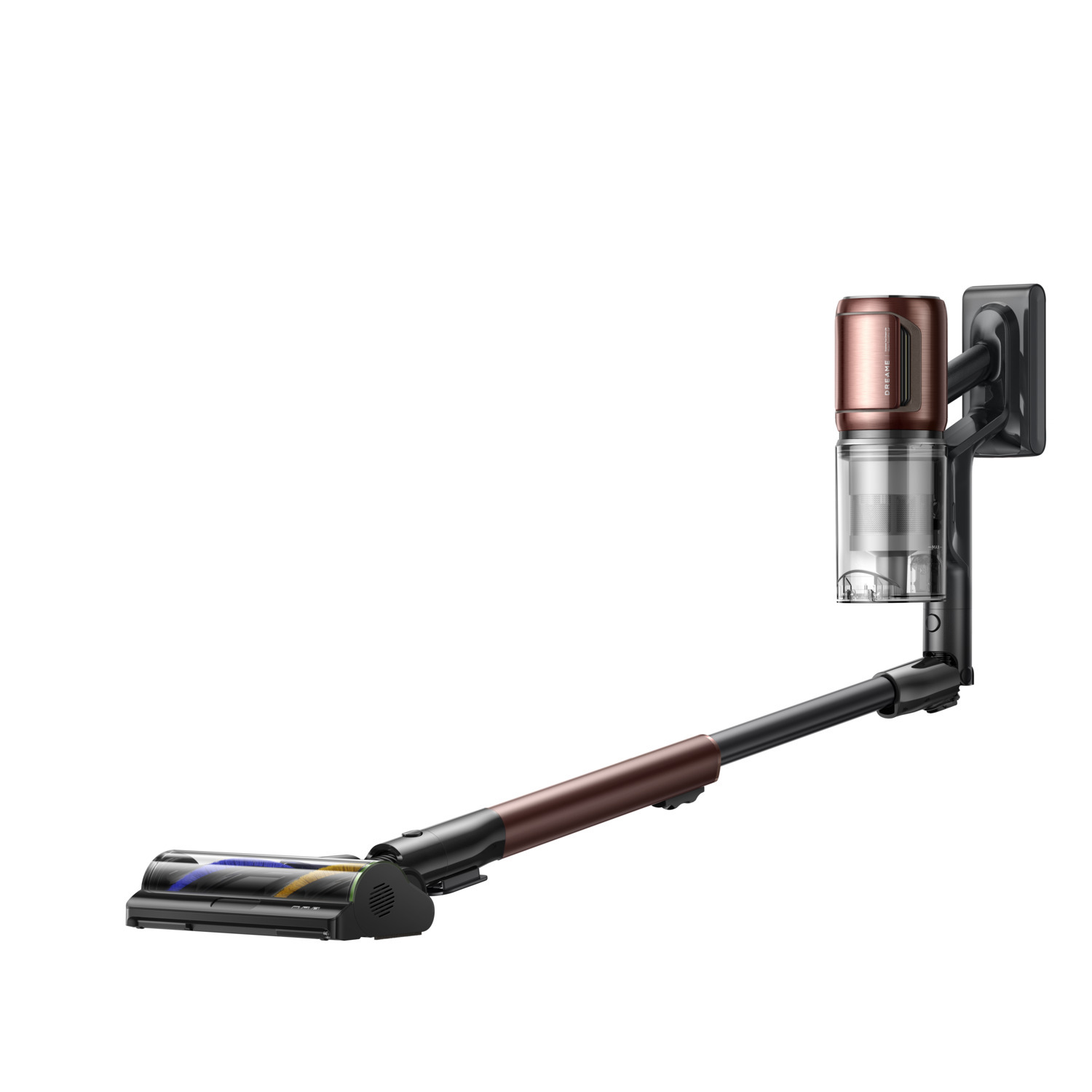 A cordless vacuum cleaner with a copper-brown body and black handle is mounted on a white wall.
