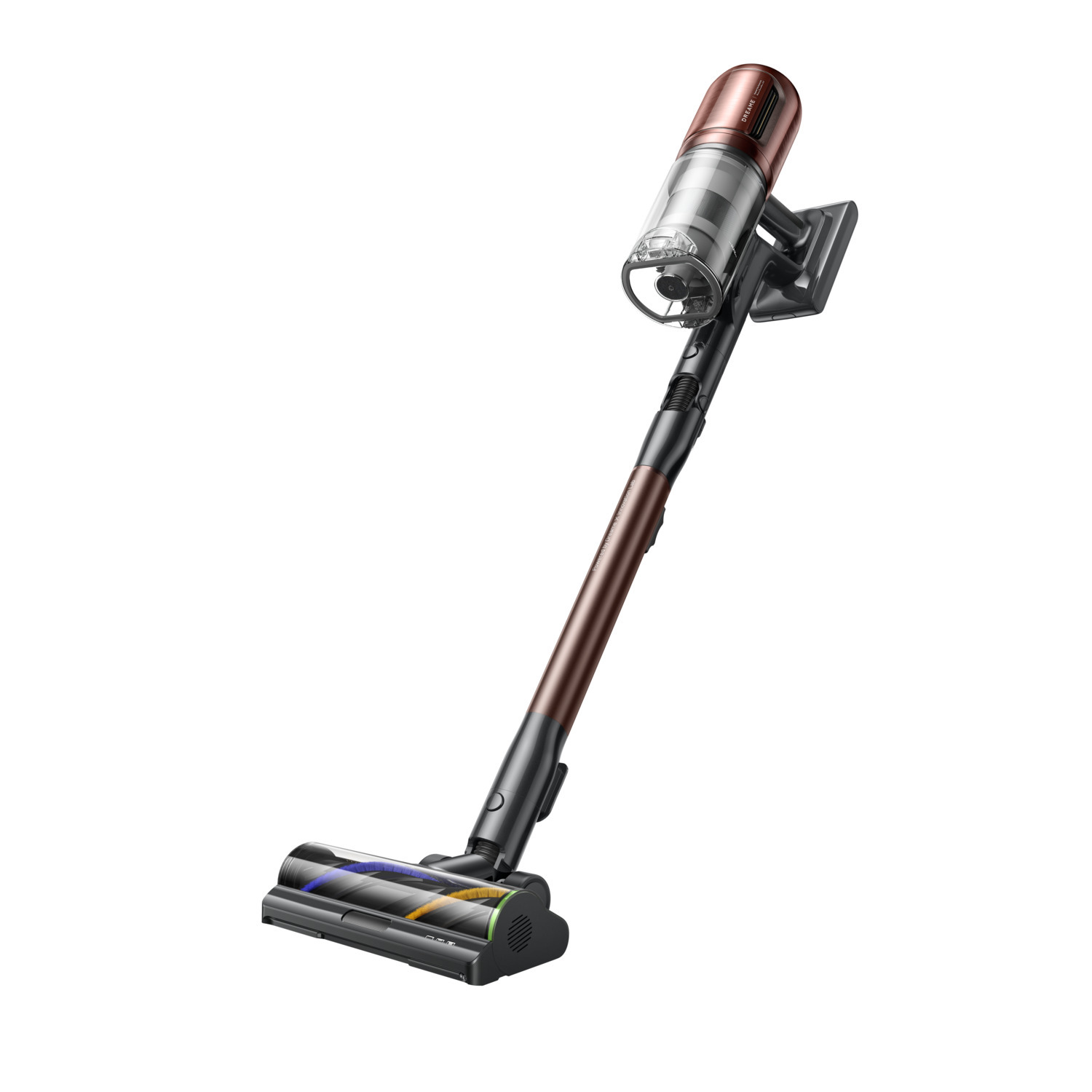 A cordless vacuum cleaner, copper and black, angled upwards on a white background. The vacuum has a long handle and a brush head.