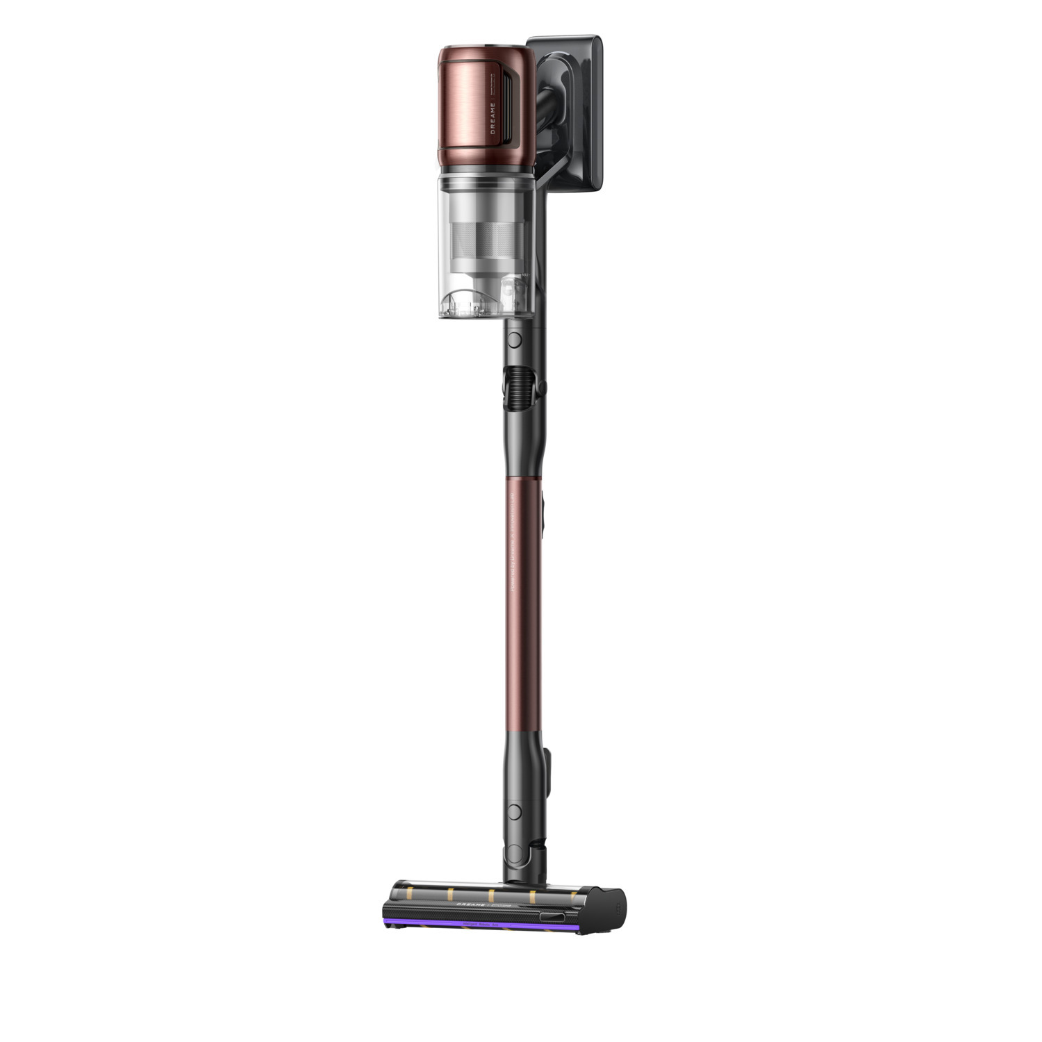 A cordless vacuum cleaner, copper and black, stands upright. It has a long handle, a dustbin, and a brush head.