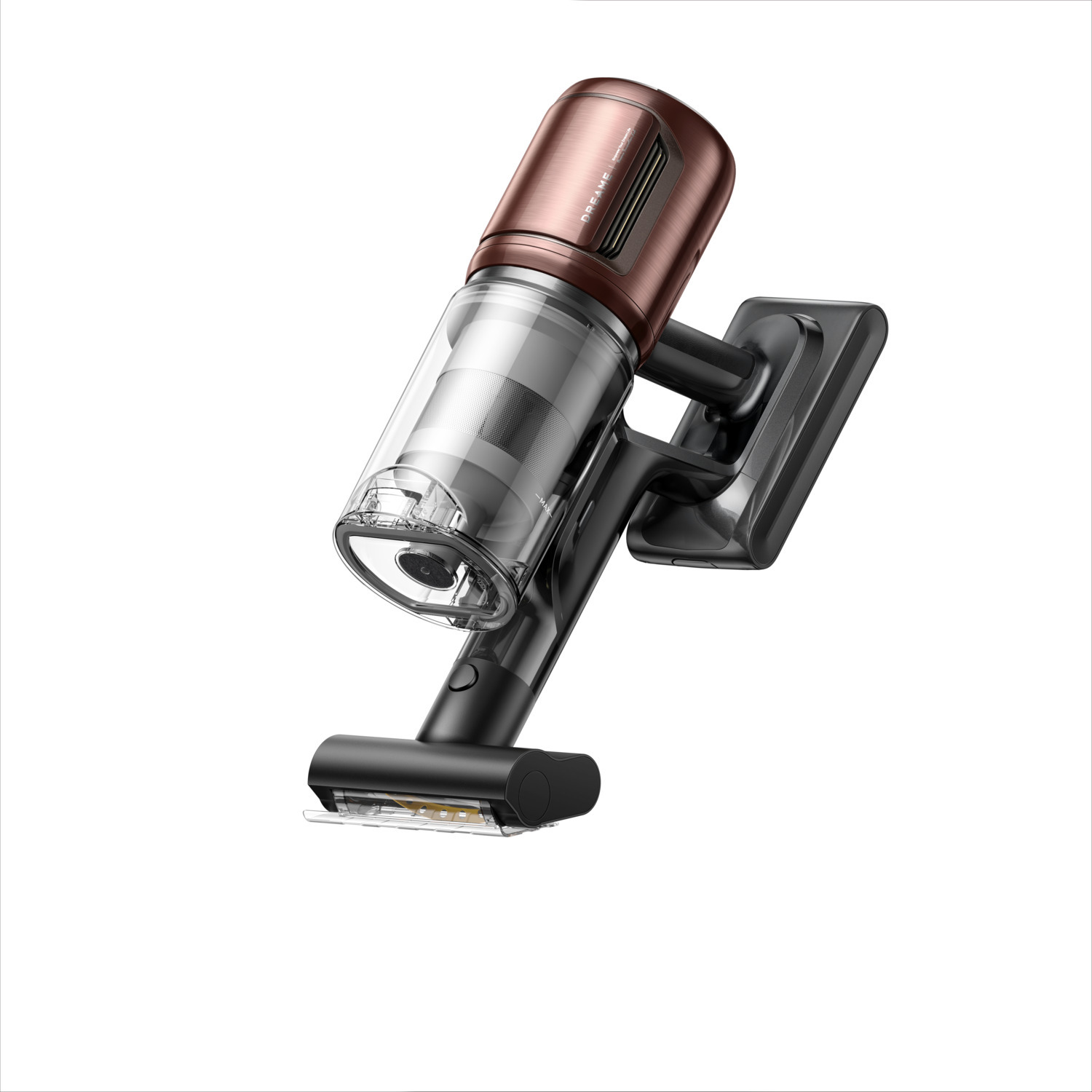 A cordless vacuum cleaner with a bronze motor and a transparent dustbin, set against a white background.