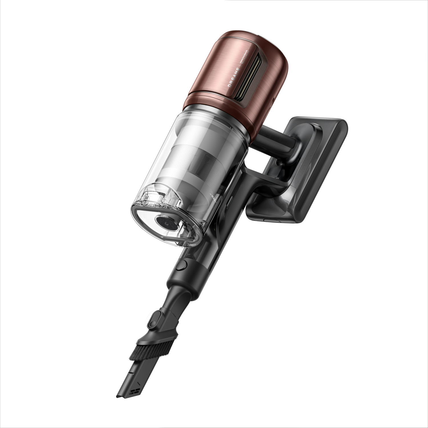 A cordless vacuum cleaner with a bronze top and a transparent dust container. The handle and brush head are black.