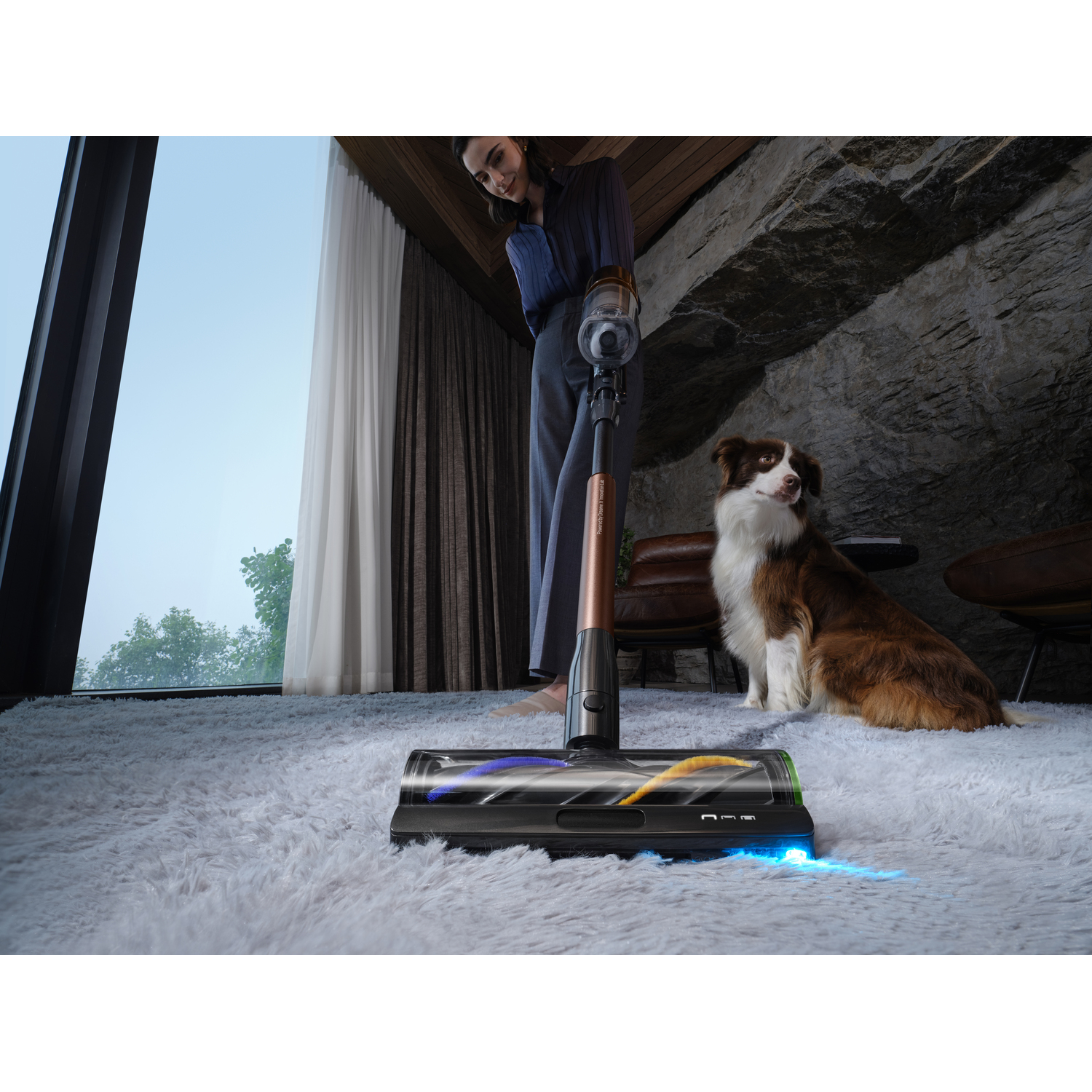 Woman vacuums a fluffy white carpet. A brown and white dog sits nearby. The vacuum emits blue light. Background: window, stone wall.