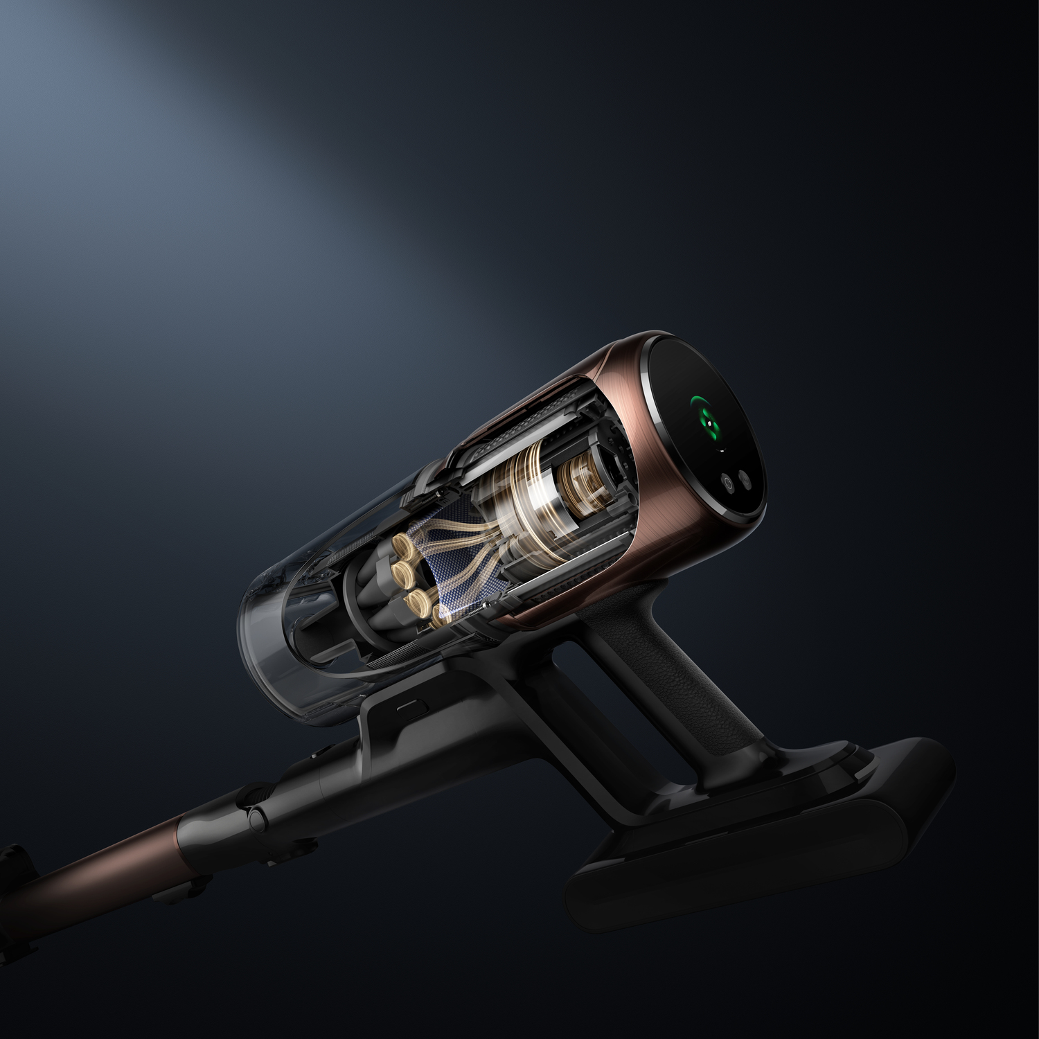 Cutaway view of a cordless vacuum cleaner. Copper and black colors. Display shows a green number. Transparent parts reveal internal components.