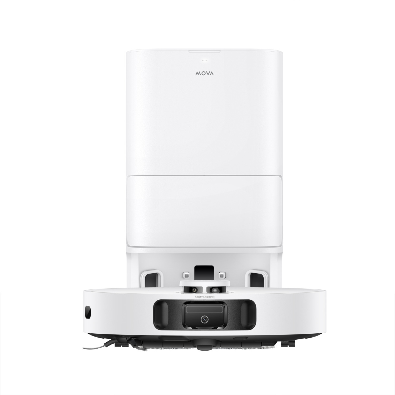 A white MOVA robot vacuum cleaner. It has a charging station on top and a round base with sensors and brushes.