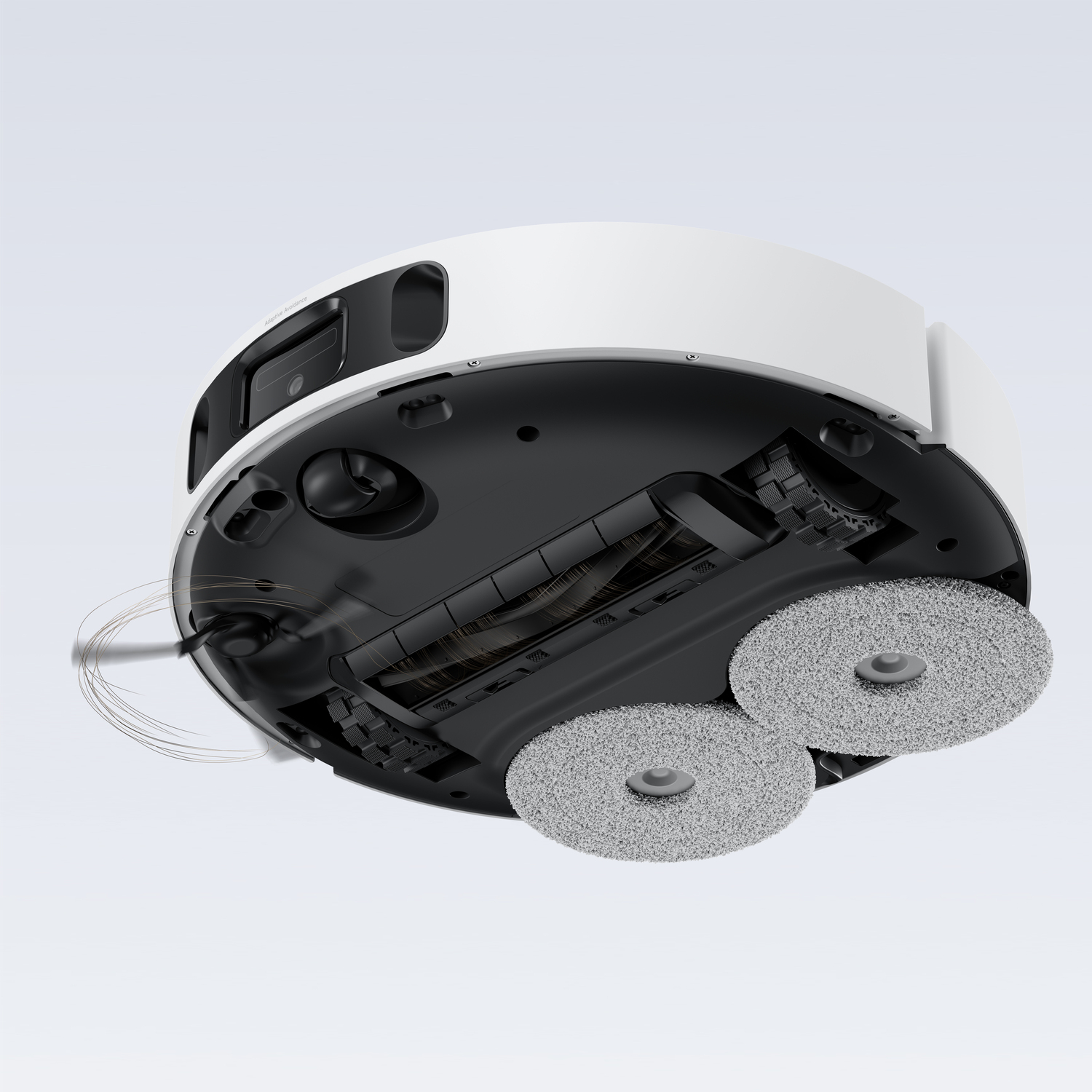 Underside view of a white and black robot vacuum cleaner. It has two gray cleaning pads and a spinning brush.