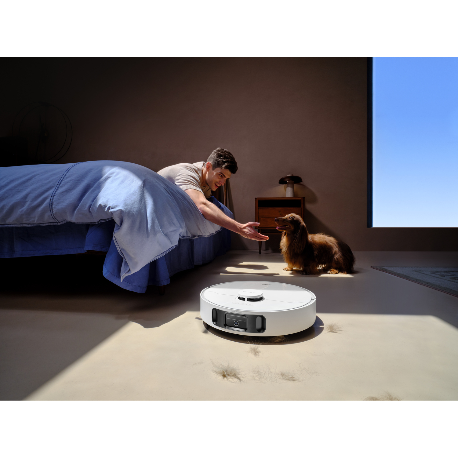 Man in bedroom with dog and vacuum cleaner. Bed on left, dog near the man, vacuum in the center. Sky in the background.