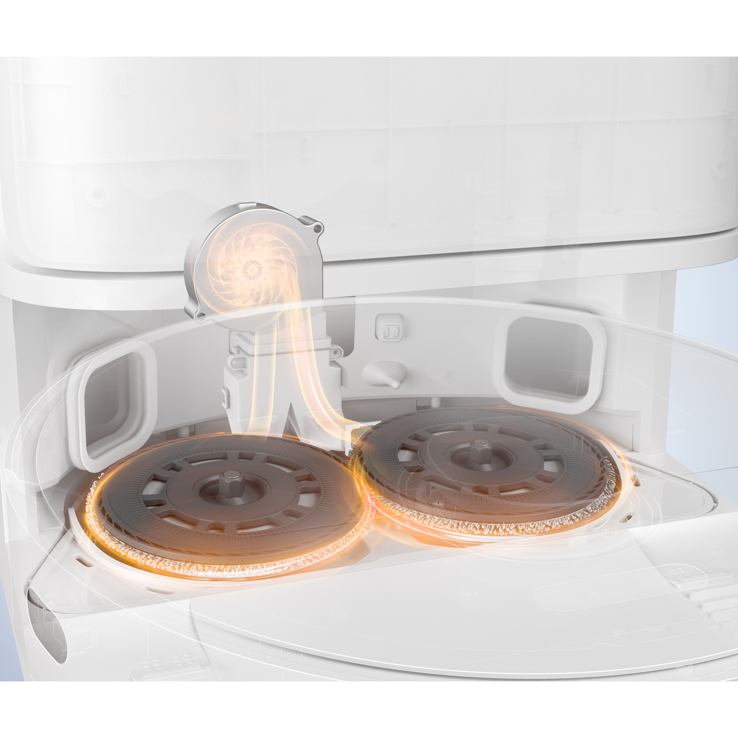 White robotic vacuum cleaner with two round cleaning pads, an air duct and a fan. The pads are illuminated with orange light.