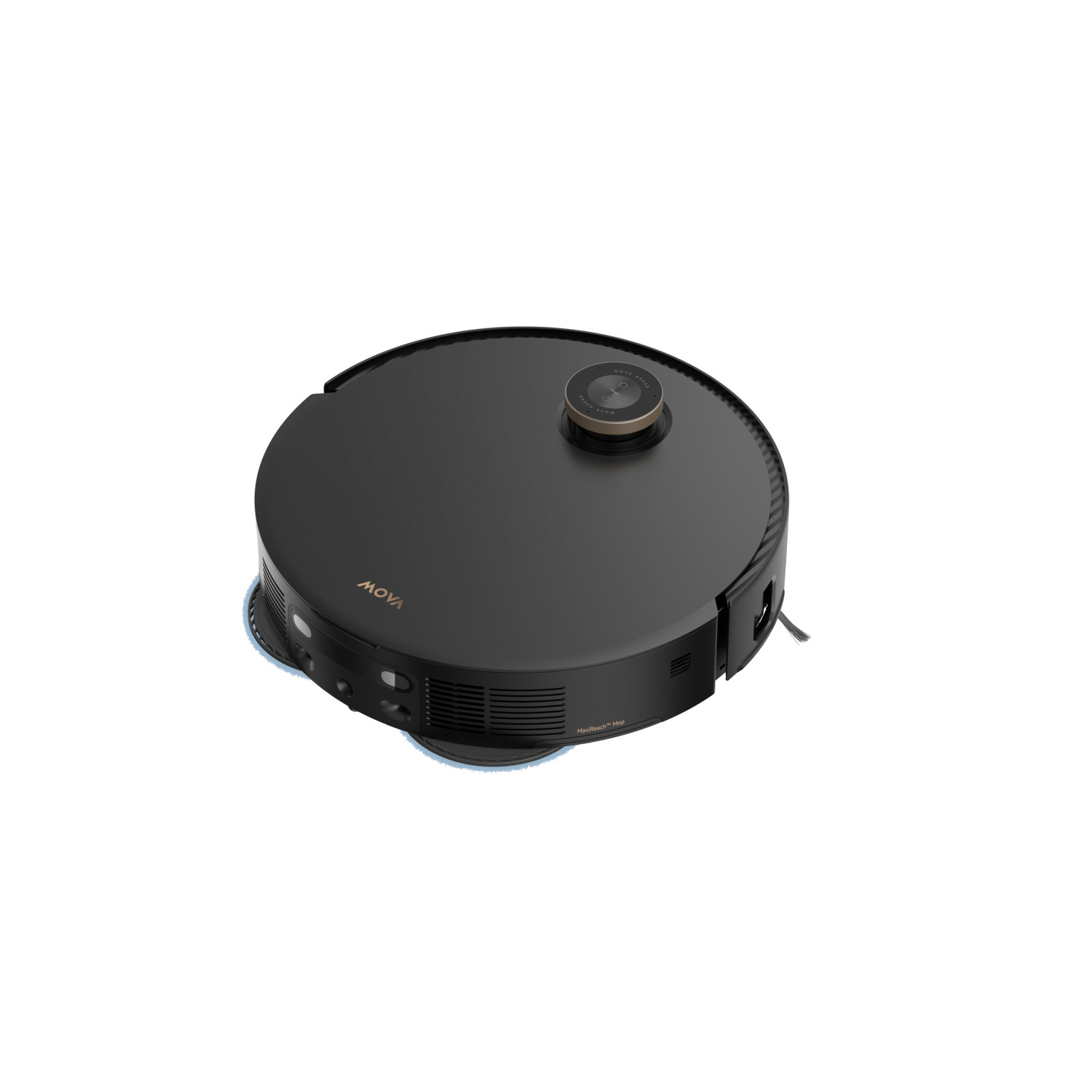 Un aspirateur robot MOVA noir sur fond blanc. Il a une forme ronde et une petite partie dorée sur le dessus.