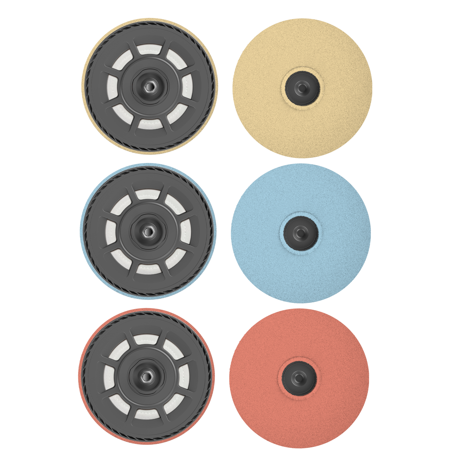 Six tampons de ponçage circulaires en beige, bleu clair et corail, chacun avec un moyeu central noir. Le fond est noir uni.