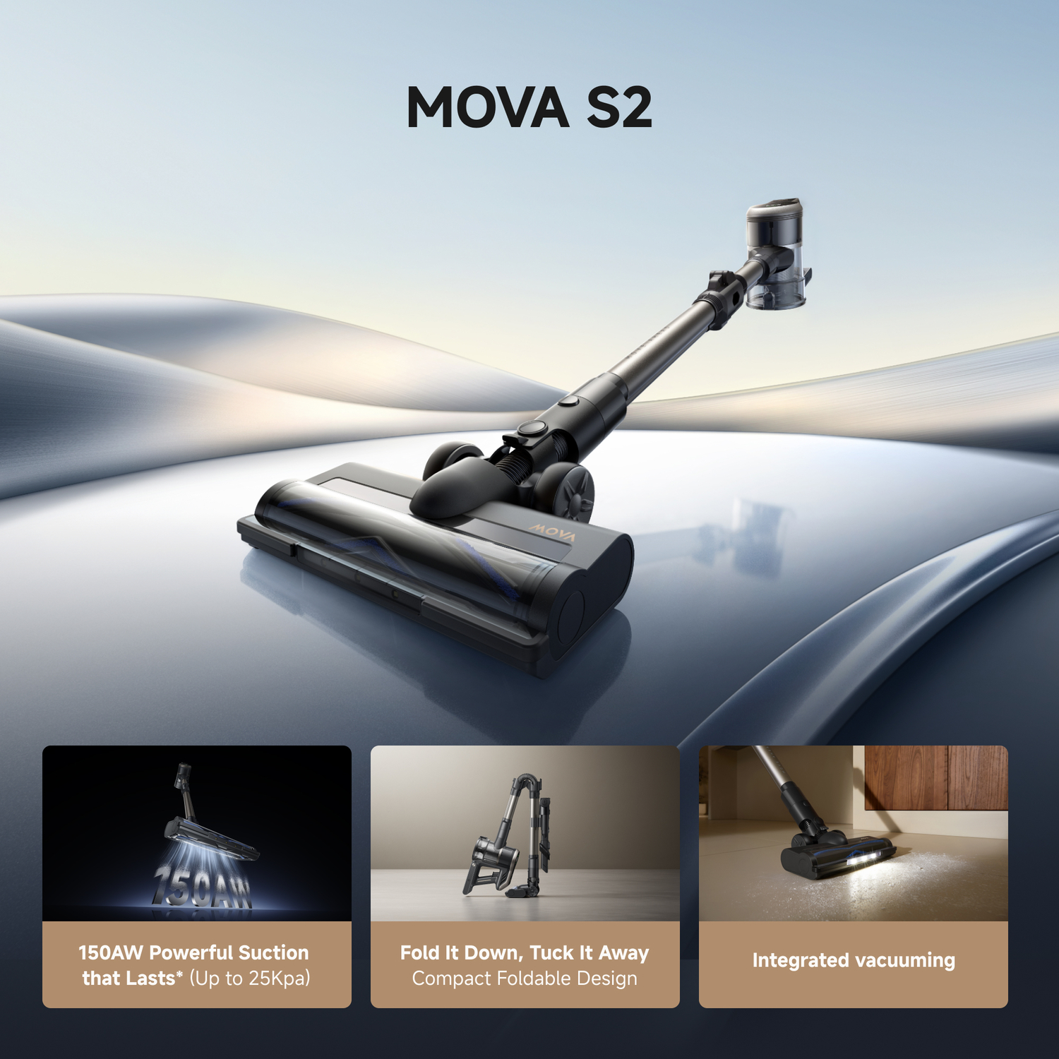 Aspirateur MOVA S2 sur une surface brillante. Trois petites images présentent la puissance d'aspiration, le design pliable et l'aspiration intégrée.