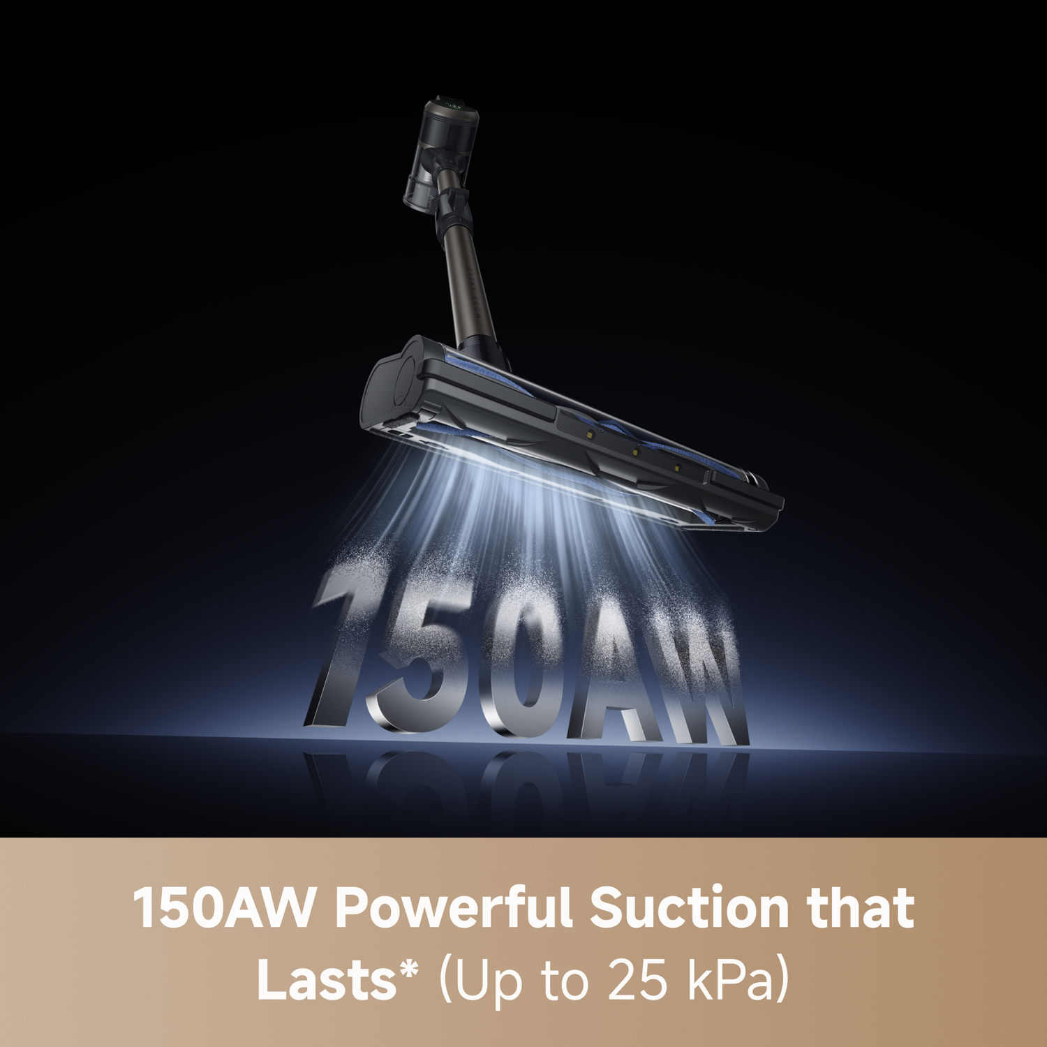 Une tête d'aspirateur émettant de la poussière sur le texte 150AW. C'est une image sombre avec le titre '150AW Powerful Suction that Lasts'.