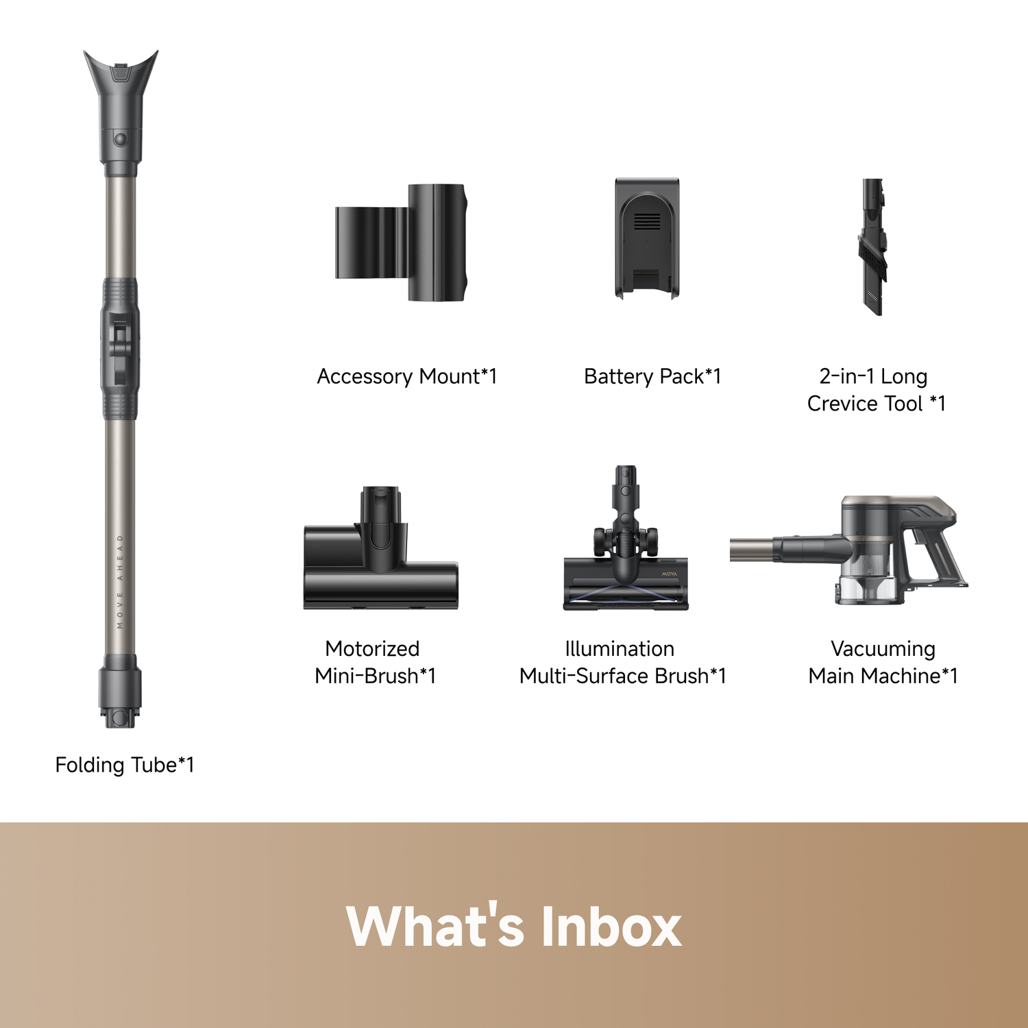 L'image montre les pièces d'un aspirateur : tube pliant, support d'accessoires, batterie, suceur fente, mini-brosse, brosse multi-surfaces, et corps principal de l'aspirateur.
