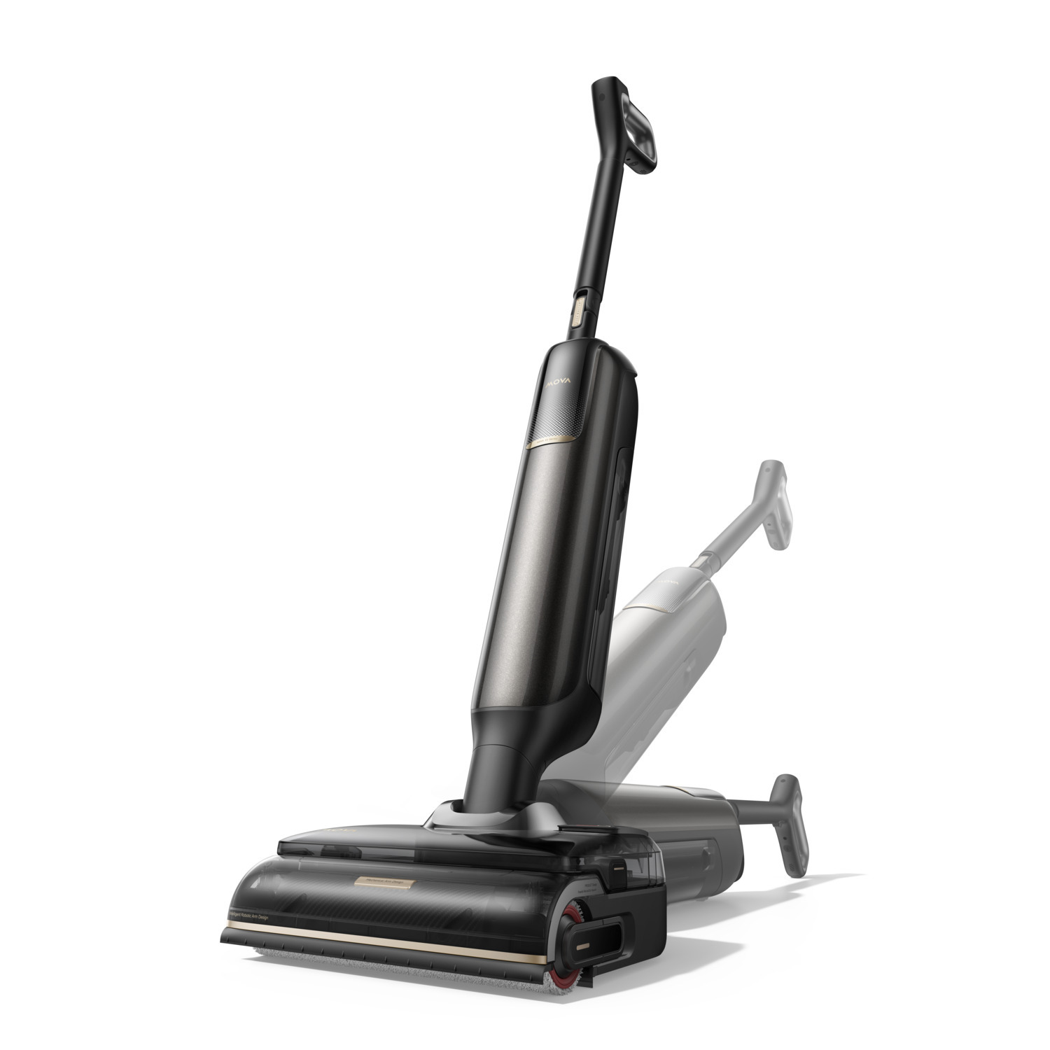 A dark gray and gold vacuum cleaner stands upright, with a ghostly image of a turned-over vacuum behind it. White background.