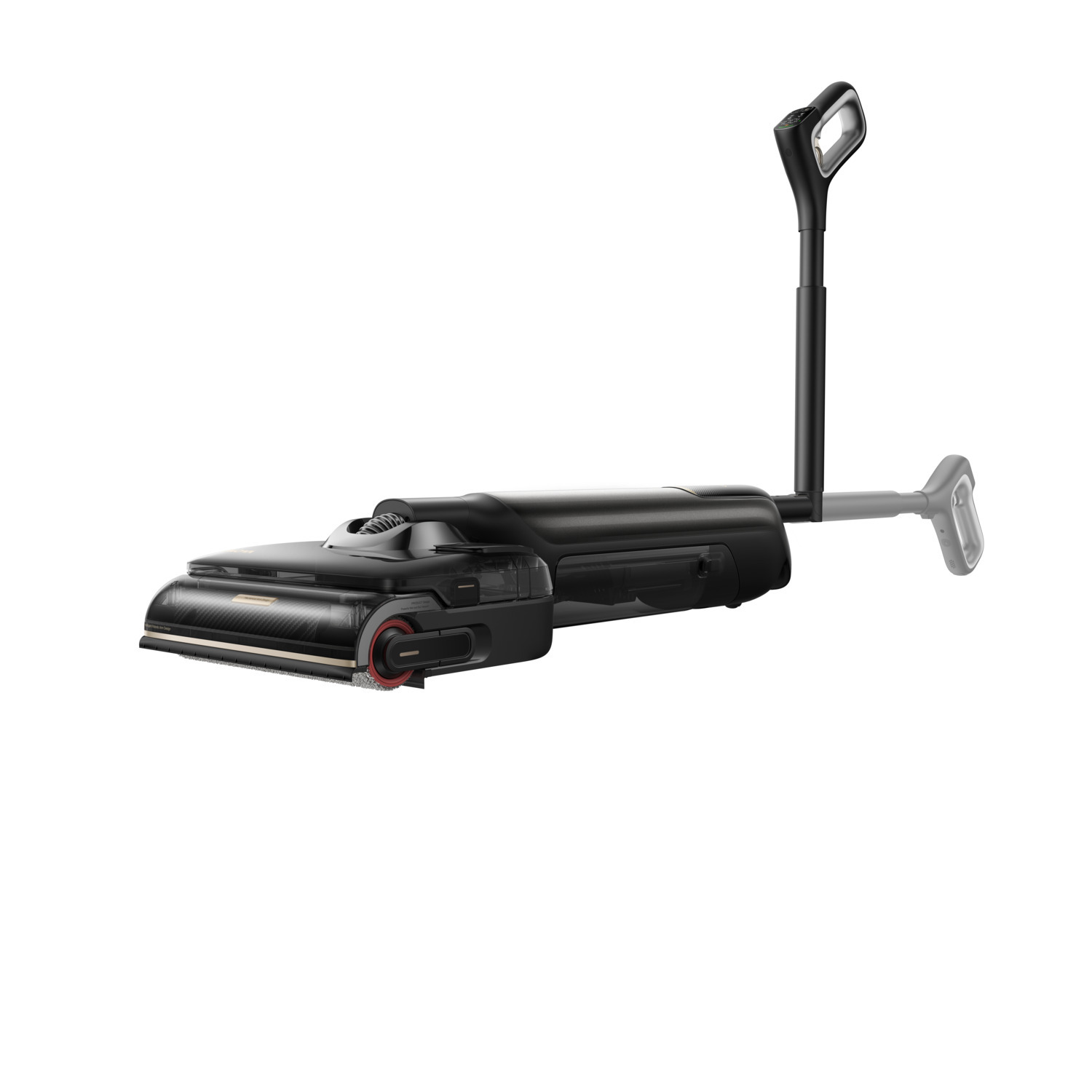 Black and gray vacuum cleaner with an extended handle, white background. The cleaner has a brush head and a light at the end of the handle.