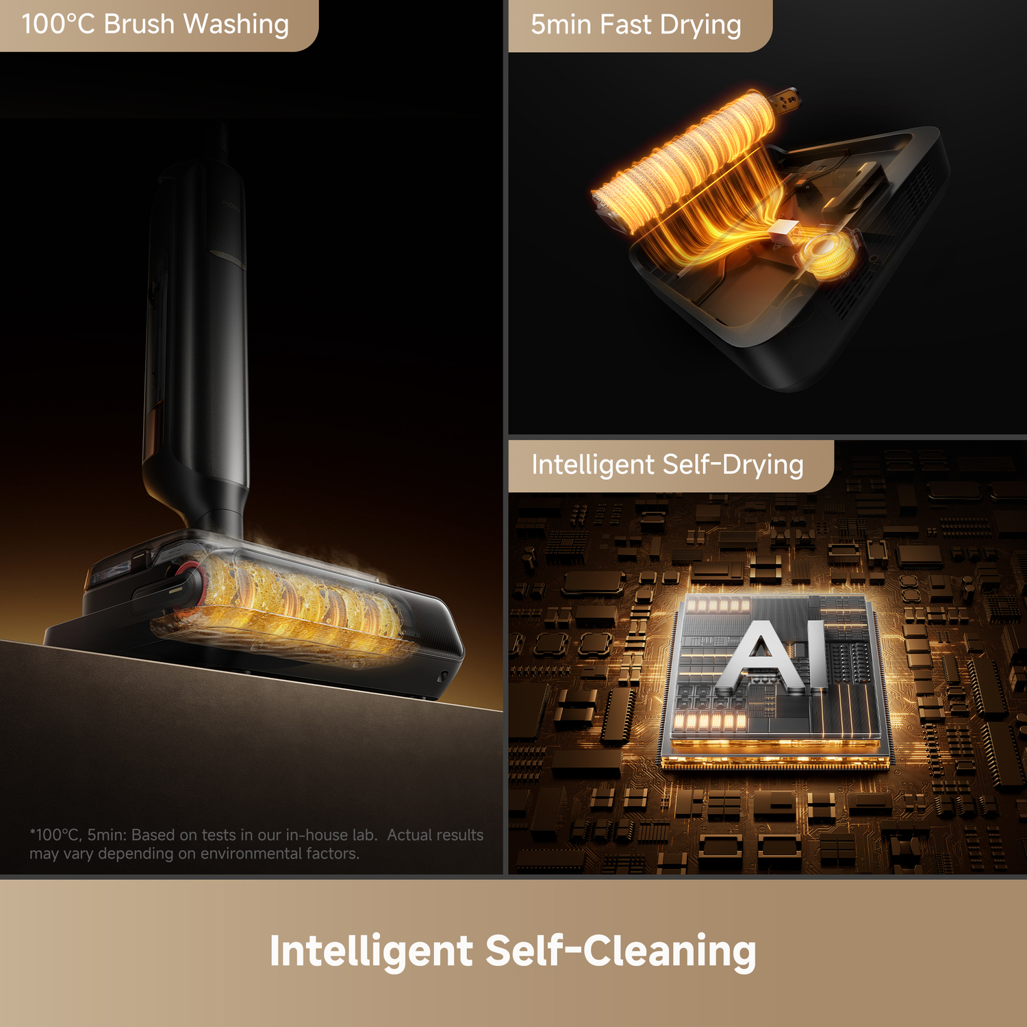 A black cleaning device with a transparent head, illustrated with heating elements. Text: 100°C brush washing, 5min fast drying, intelligent self-drying.