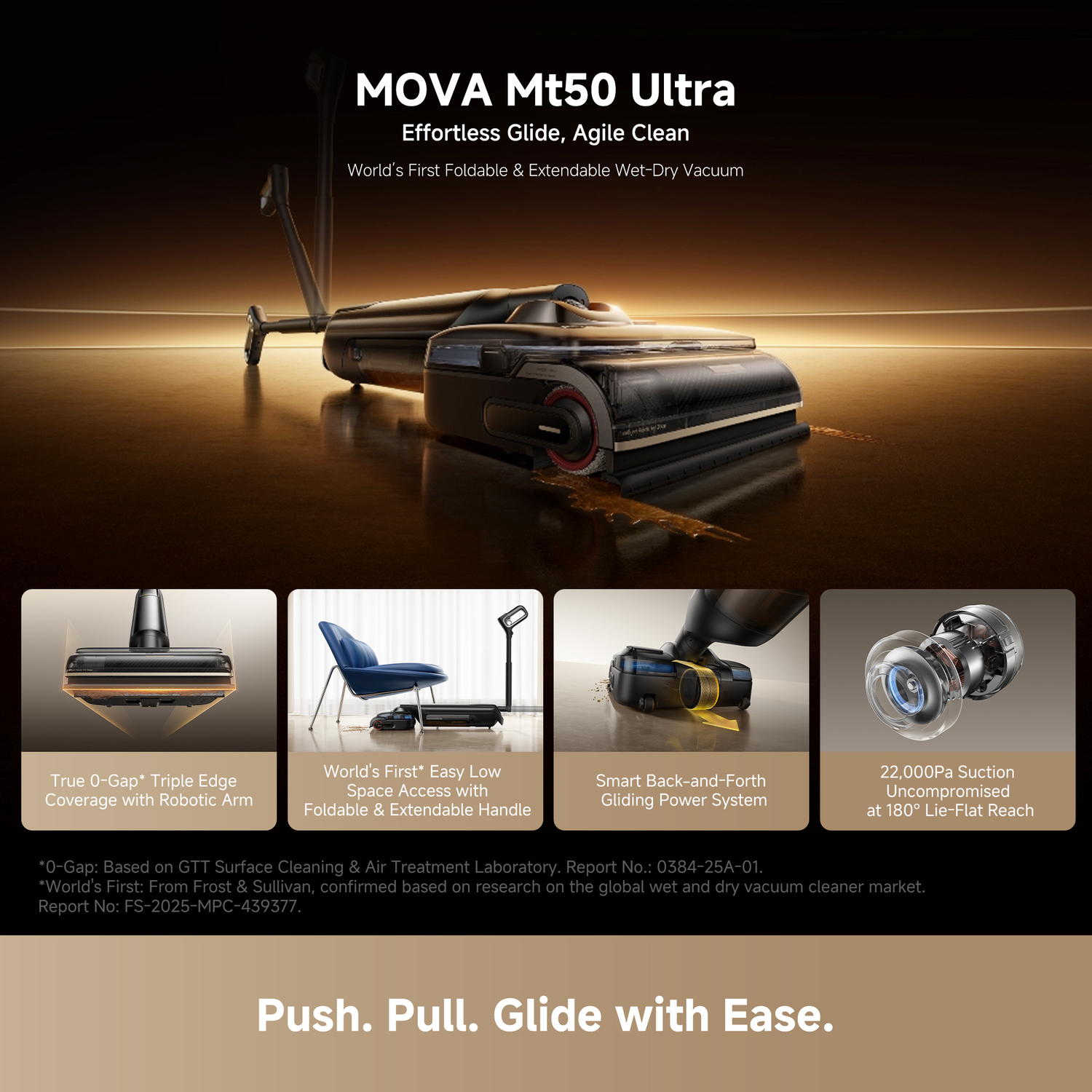 A black and silver vacuum cleaner. Text describes features such as edge coverage, space access, gliding system, and suction power.